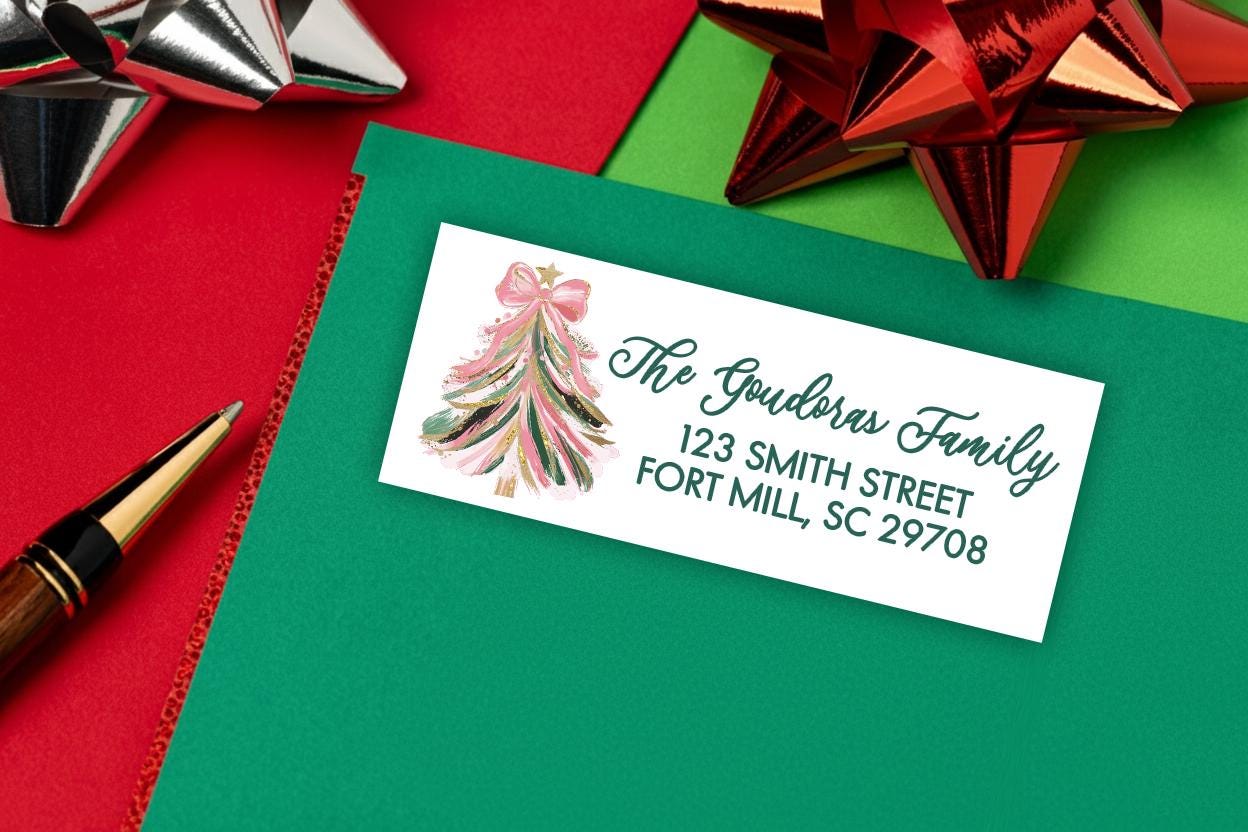 Christmas Pink Bow Return Address Labels, Personalized Holiday Address Rectangle Stickers
