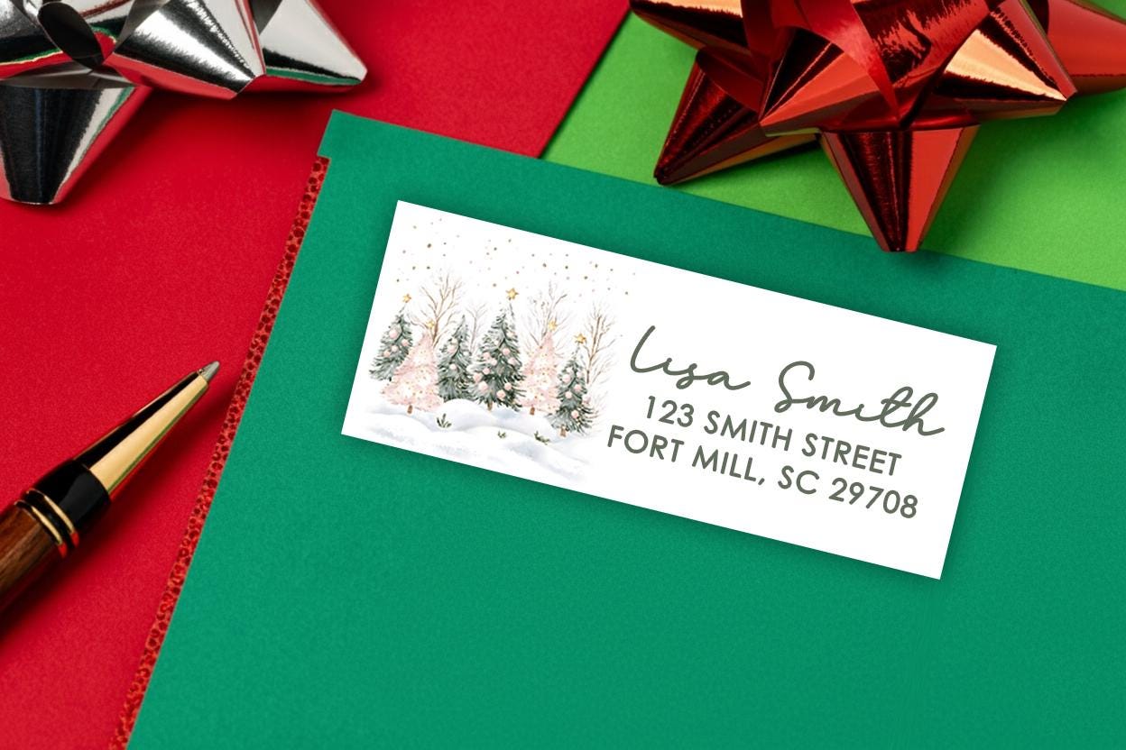 Christmas Pink Trees Return Address Labels, Personalized Holiday Address Rectangle Stickers