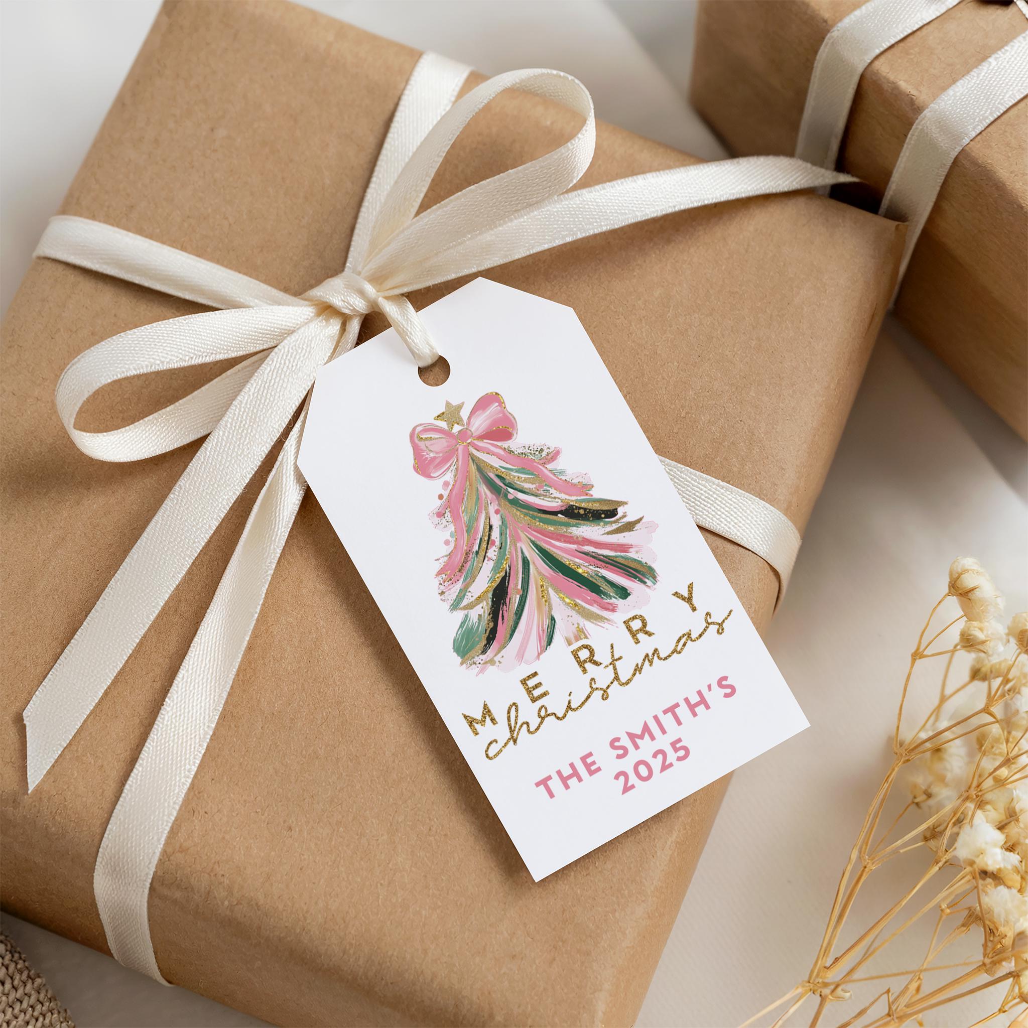 Pink Gold Christmas Tree Gift Tags, Personalized Holiday Printed Gift Tags