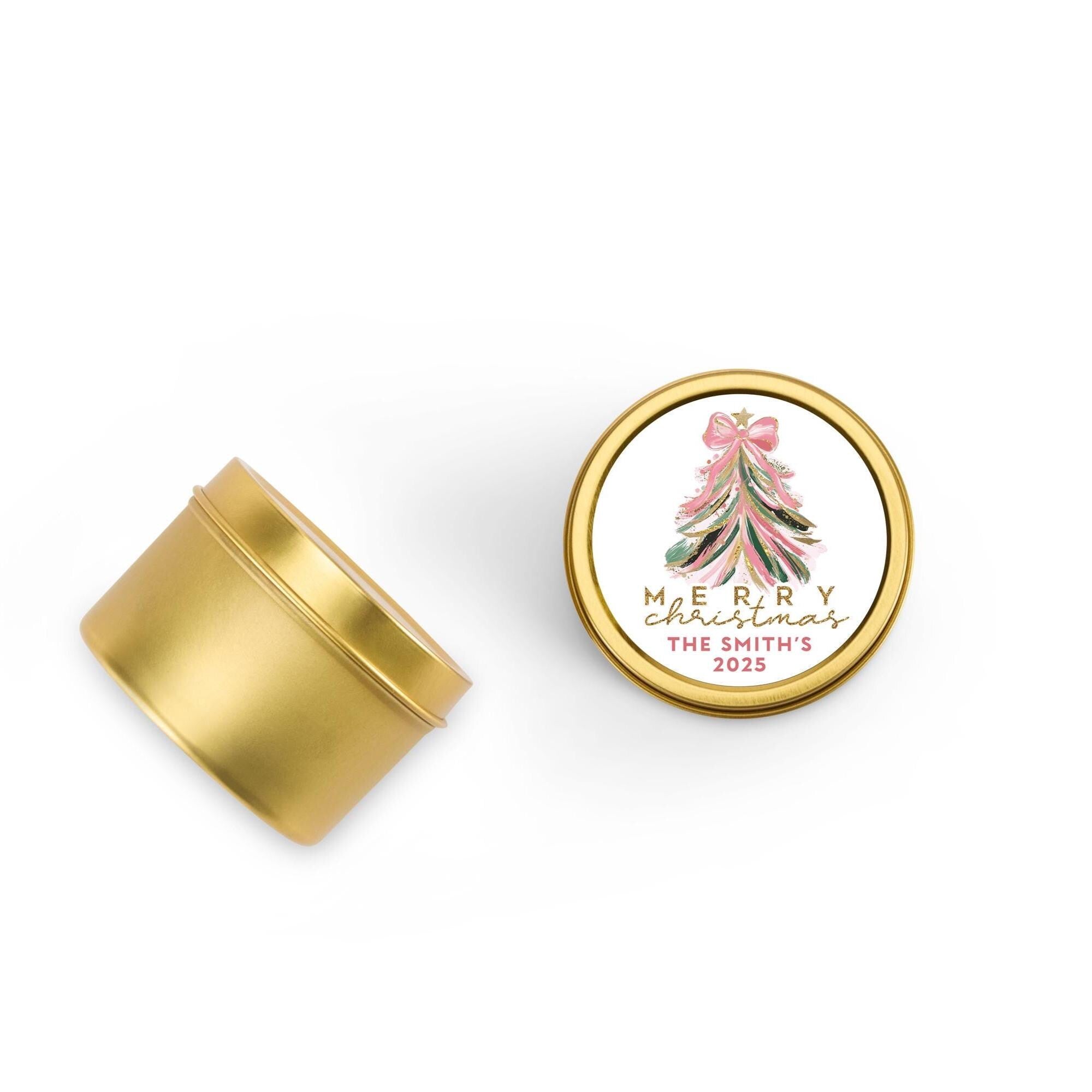 Pink Gold Christmas Tree Candle Tins, Personalized Corporate Gift Soy Candles, Set of 10
