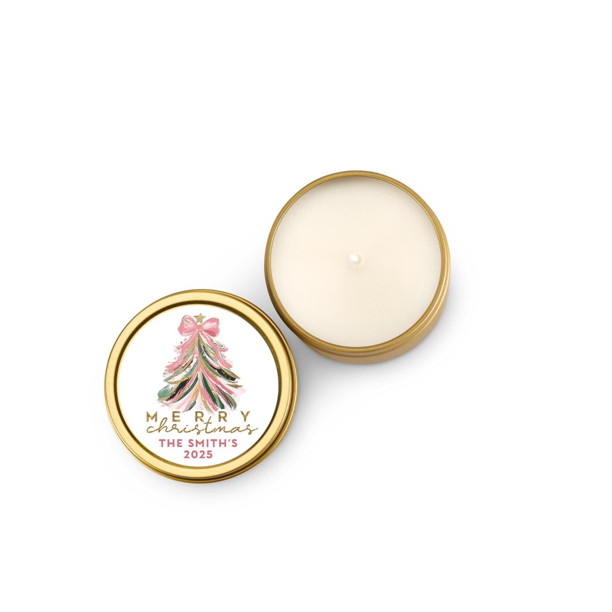 Pink Gold Christmas Tree Candle Tins, Personalized Corporate Gift Soy Candles, Set of 10