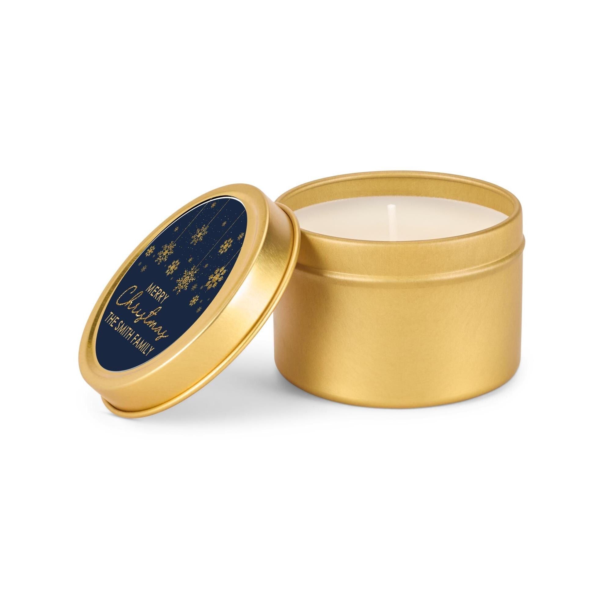 Snowflakes Blue Gold Christmas Candle Tins, Personalized Corporate Gift Soy Candles, Set of 10