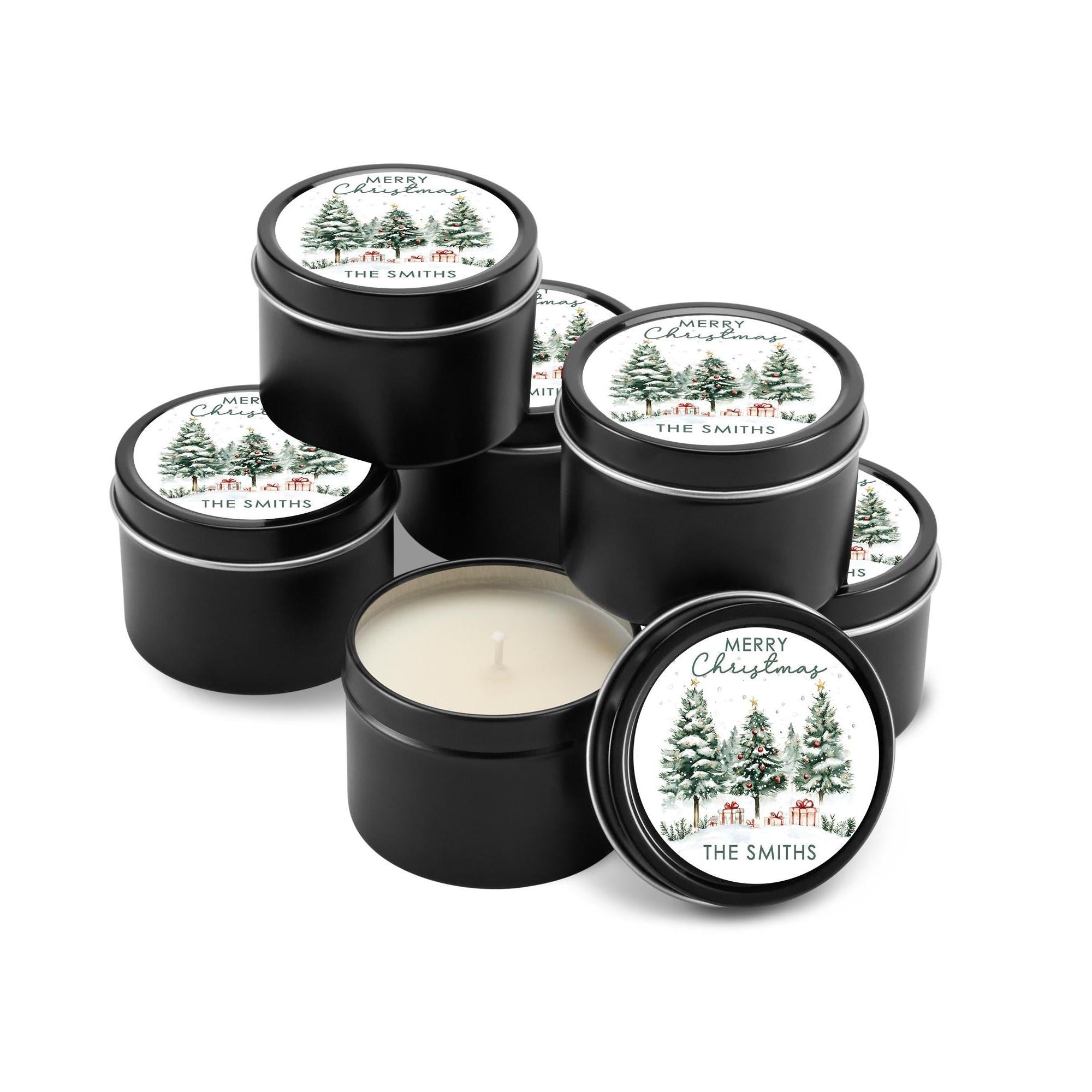 Winter Wonderland Christmas Tree Candle Tins, Personalized Corporate Soy Candles, Set of 10