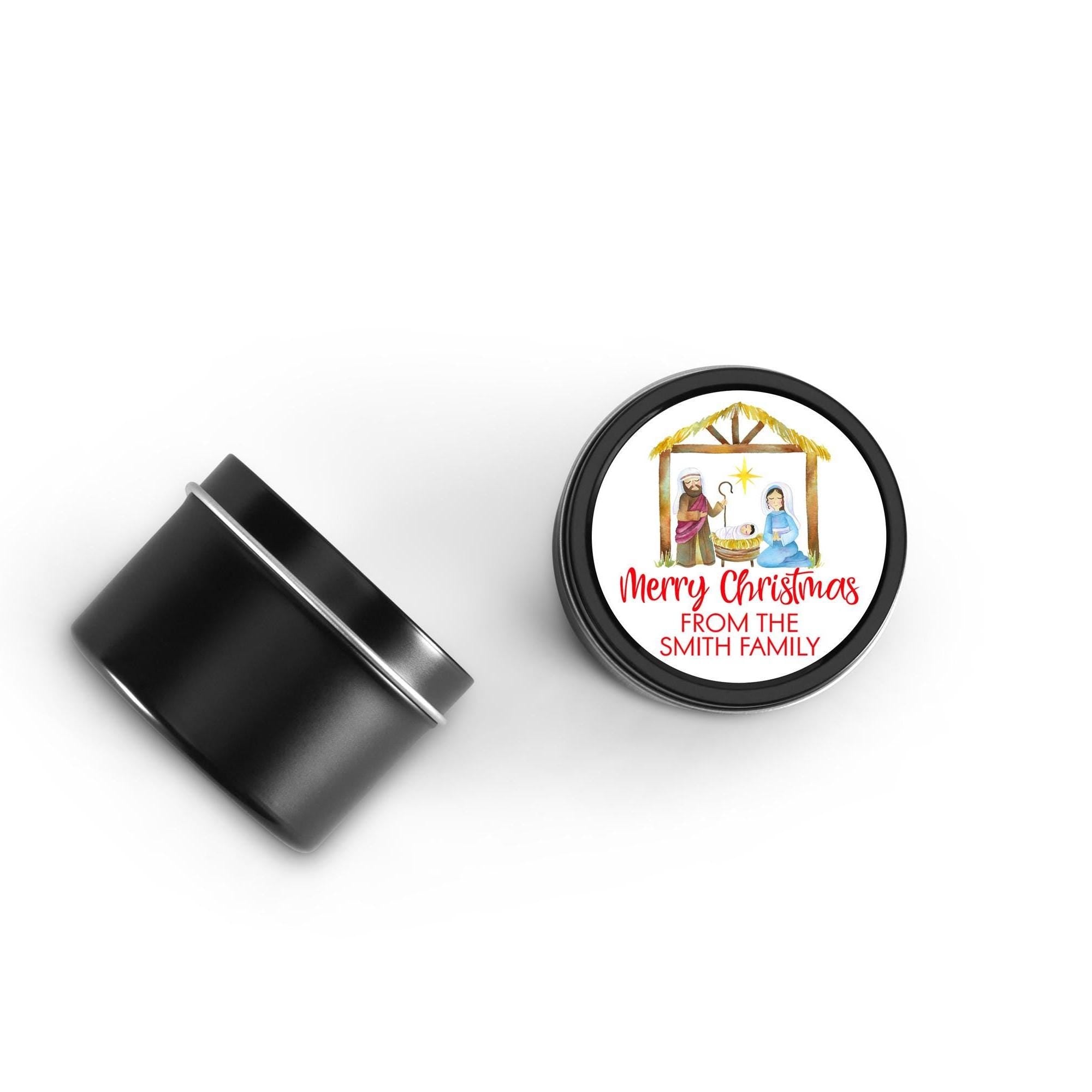 Nativity Scene Christmas Candle Tins, Personalized Corporate Soy Candles, Set of 10