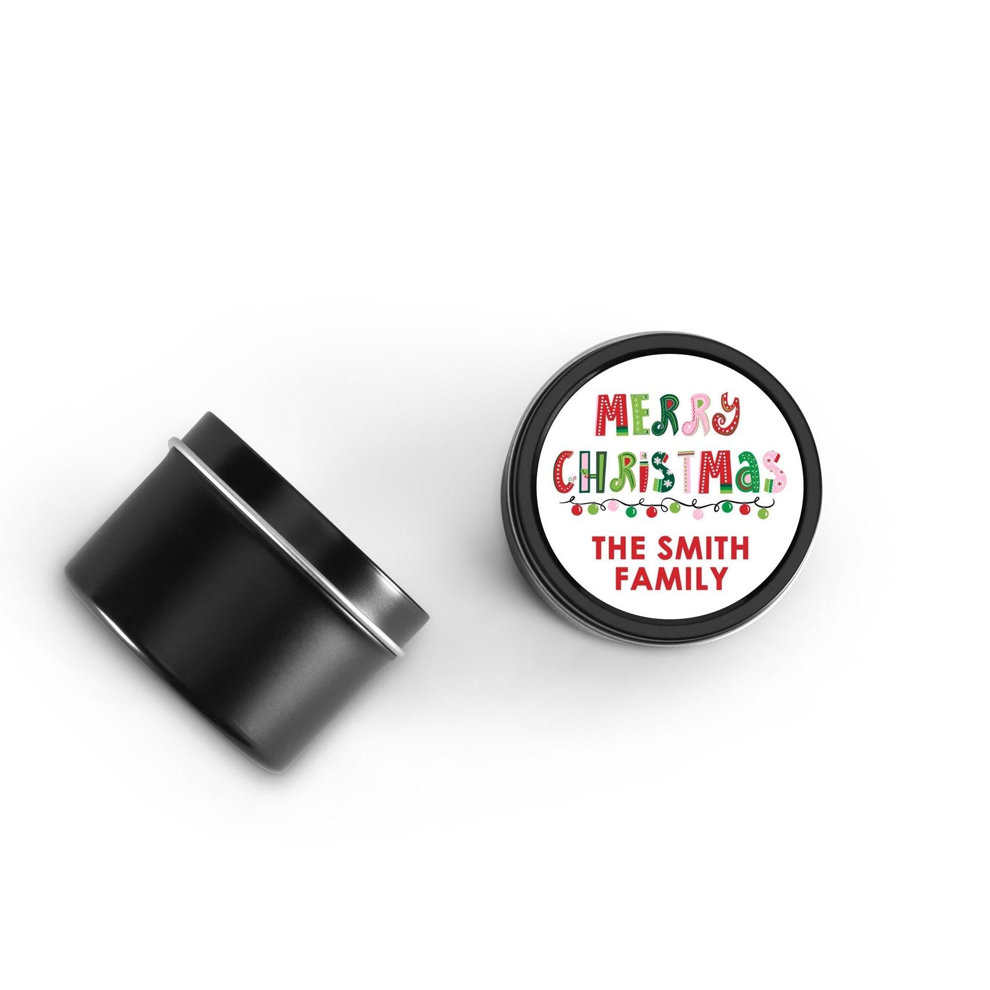 Merry Christmas Lights Candle Tins, Personalized Corporate Soy Candles, Set of 10