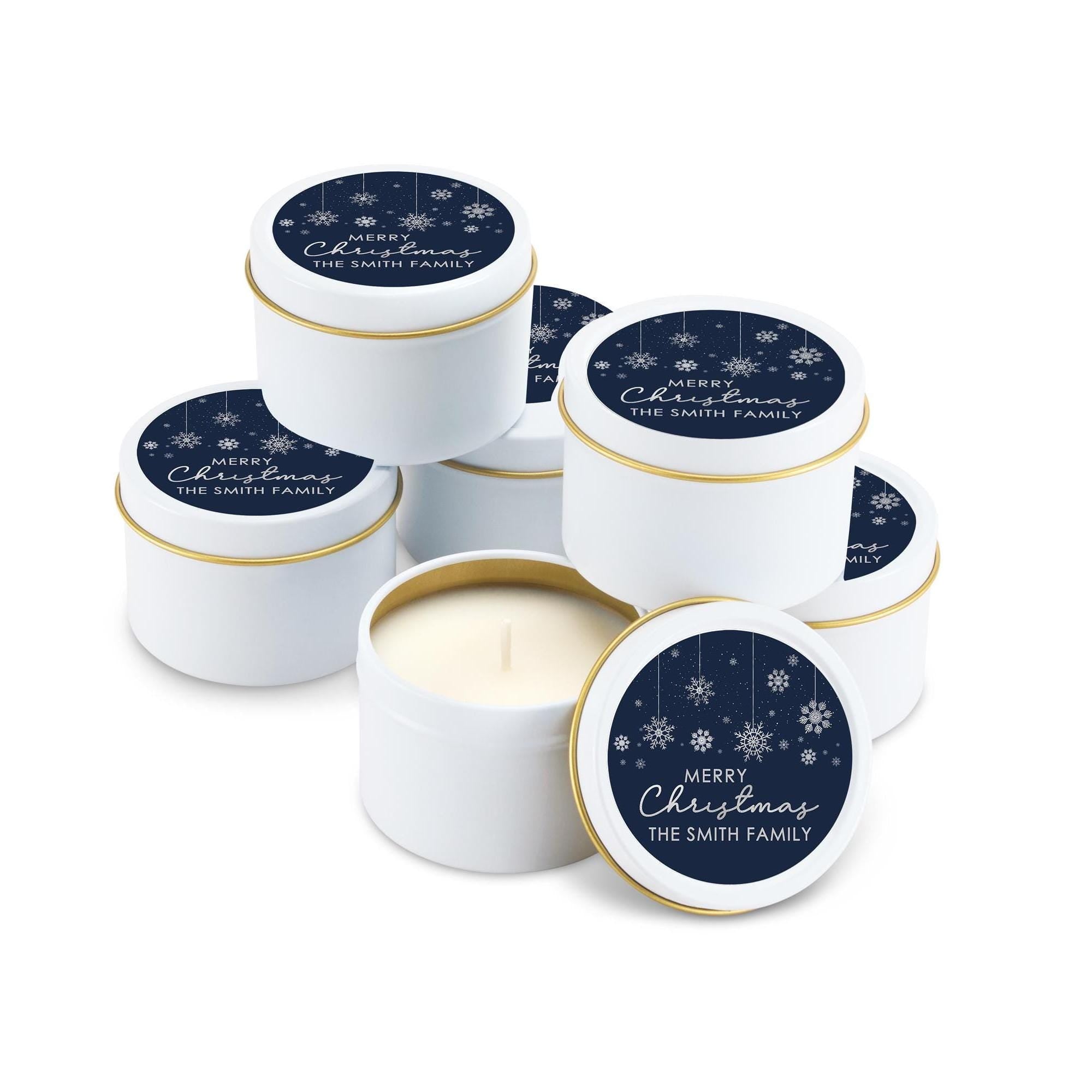 Snowflakes Blue Silver Candle Tins, Personalized Corporate Soy Candles, Set of 10