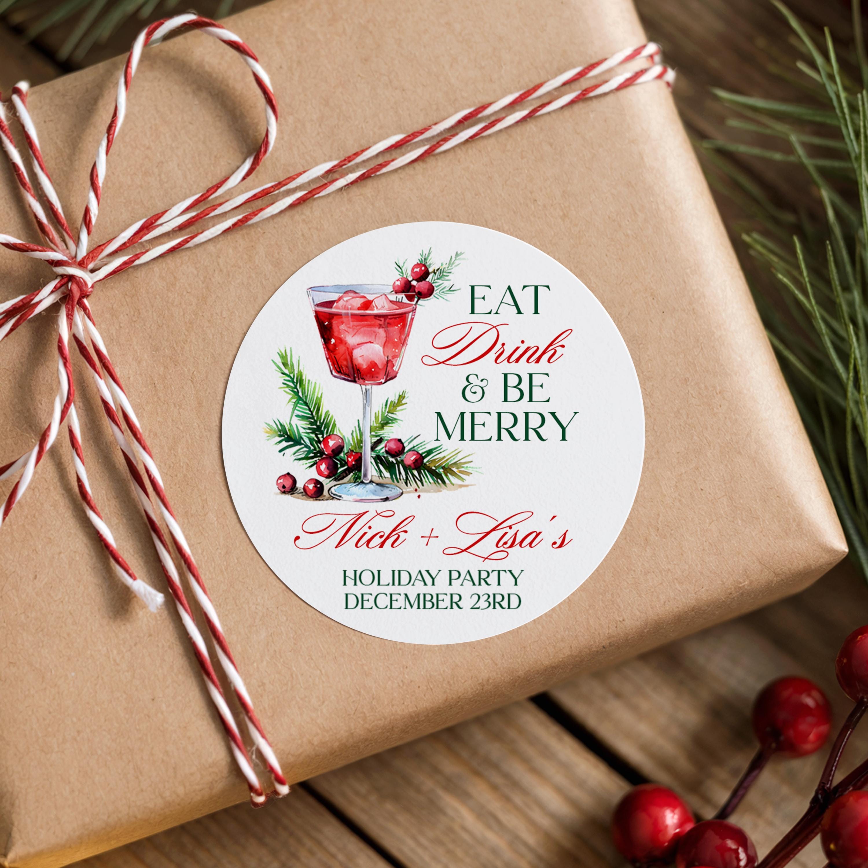 Eat Drink & Be Merry Christmas Stickers, Personalized Holiday Cocktail Party Labels