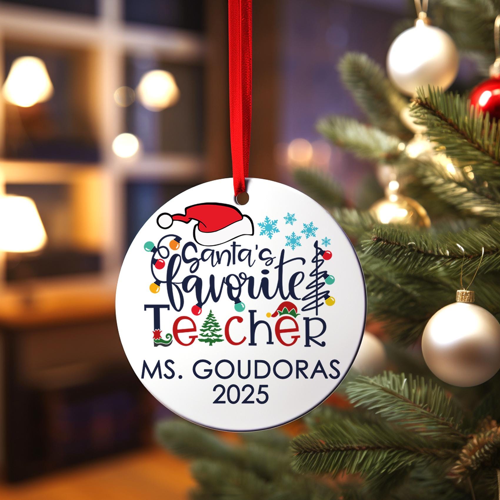 Teacher Christmas Ornament, Personalized Santa's Favorite Teacher Christmas Ornament