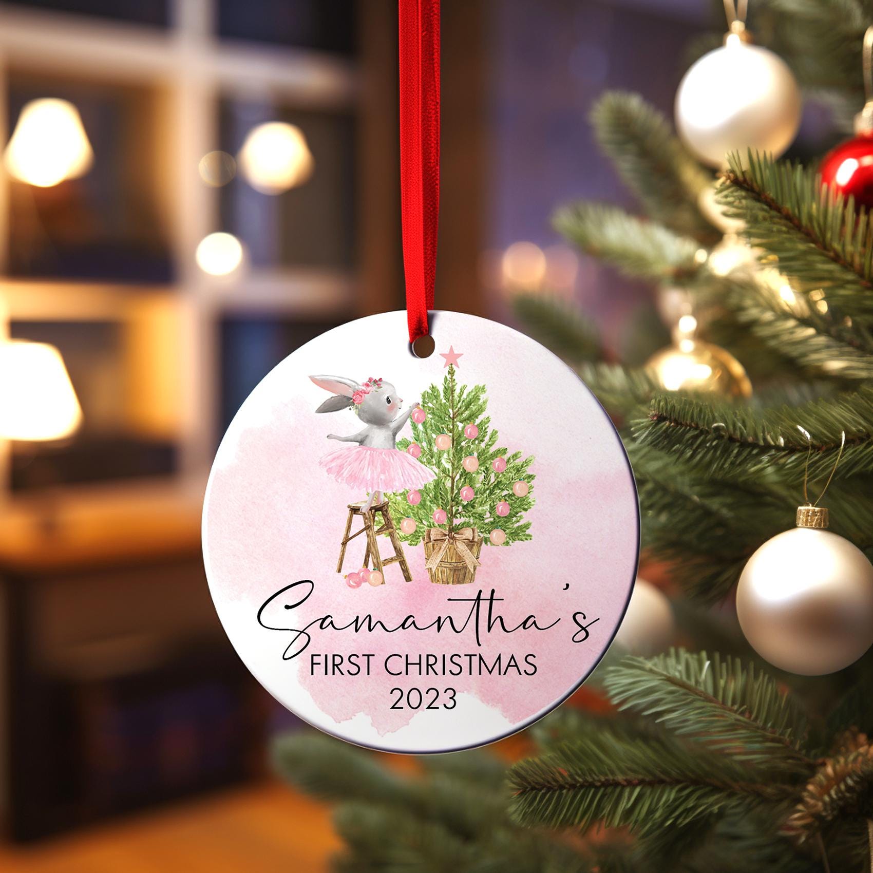 Ballerina Pink Rabbit Ornament, Personalized Baby Girl First Christmas Ornament
