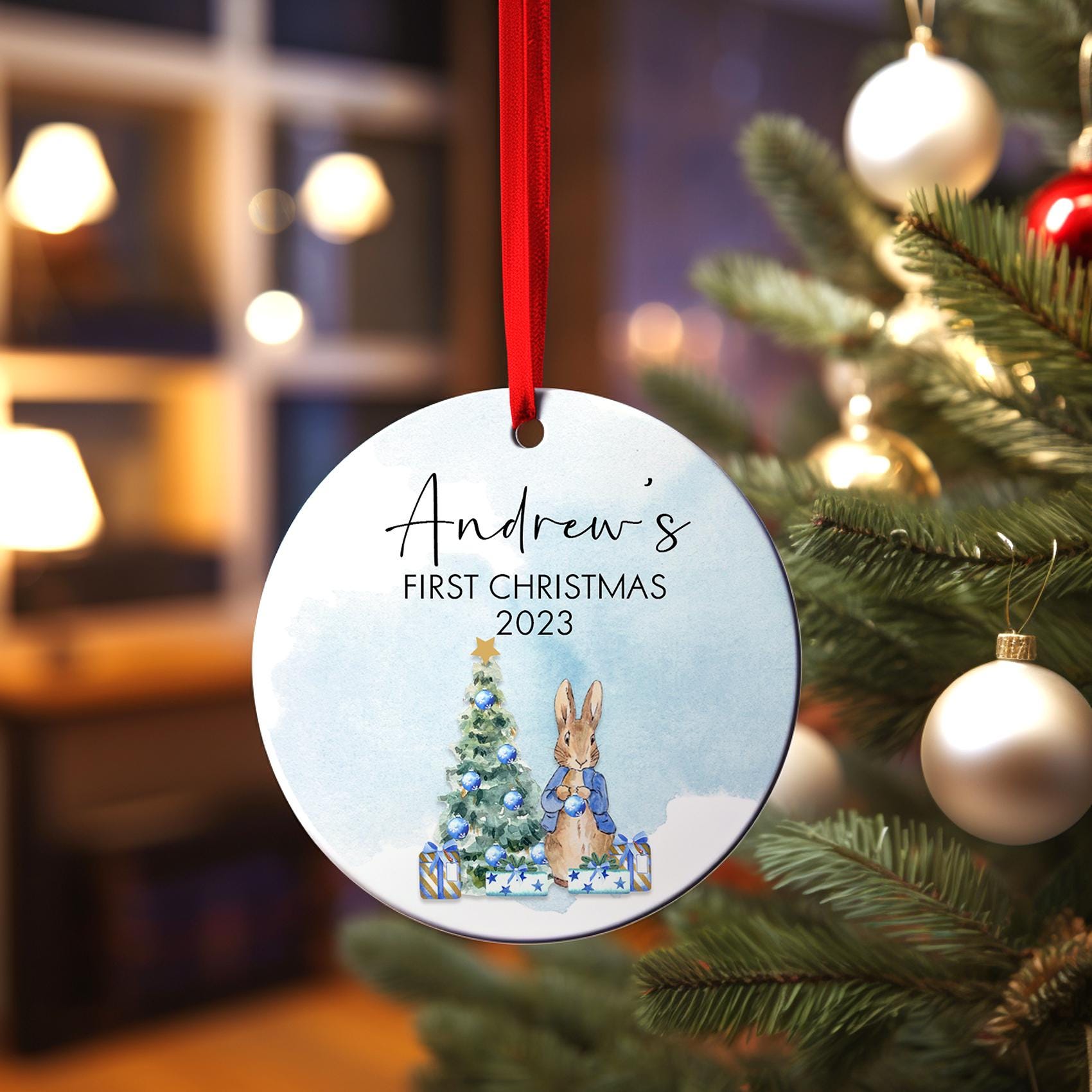 First Christmas Blue Rabbit, Personalized Baby Boy's First Christmas