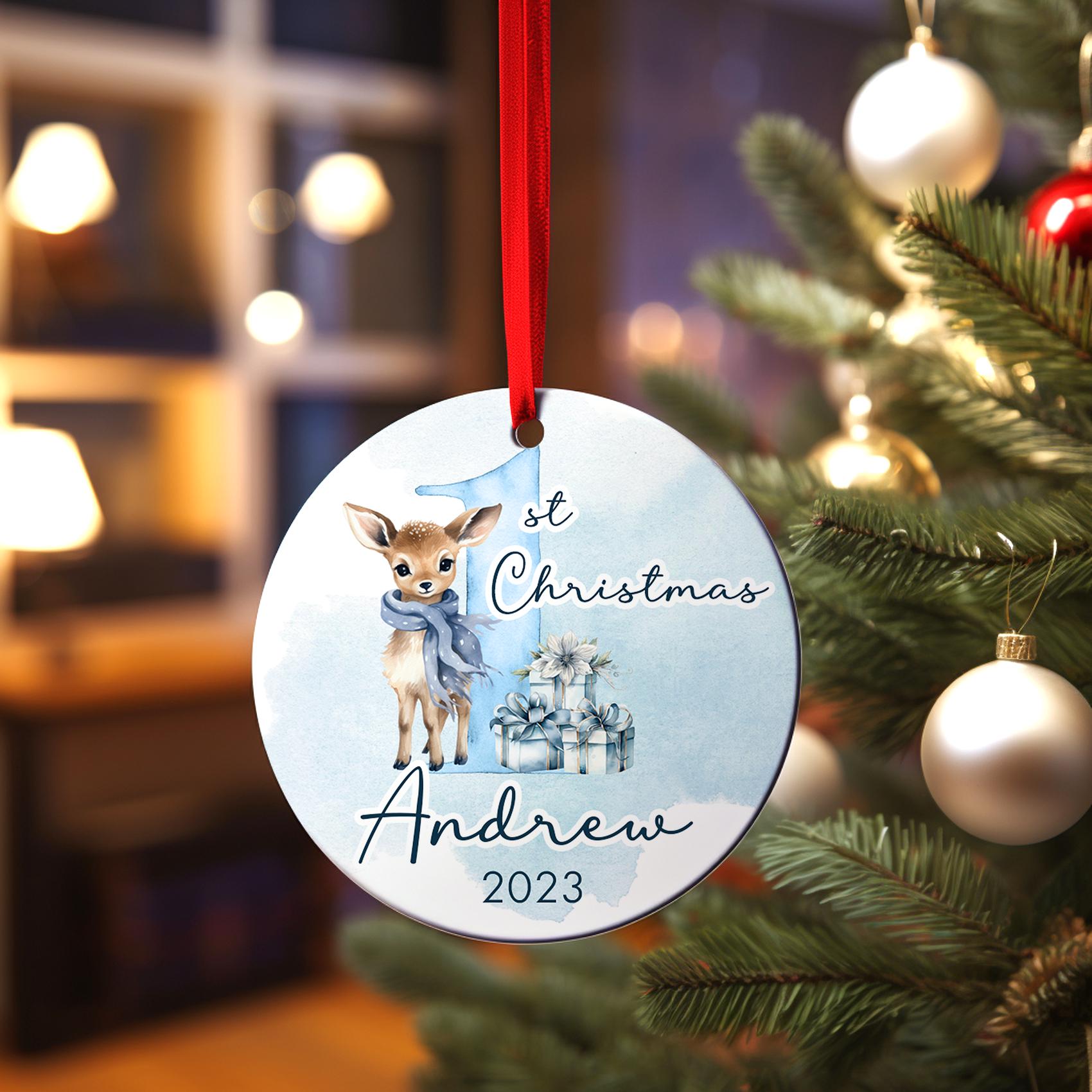 Deer Baby Boy First Christmas Ornament, Personalized Watercolor Deer Gift