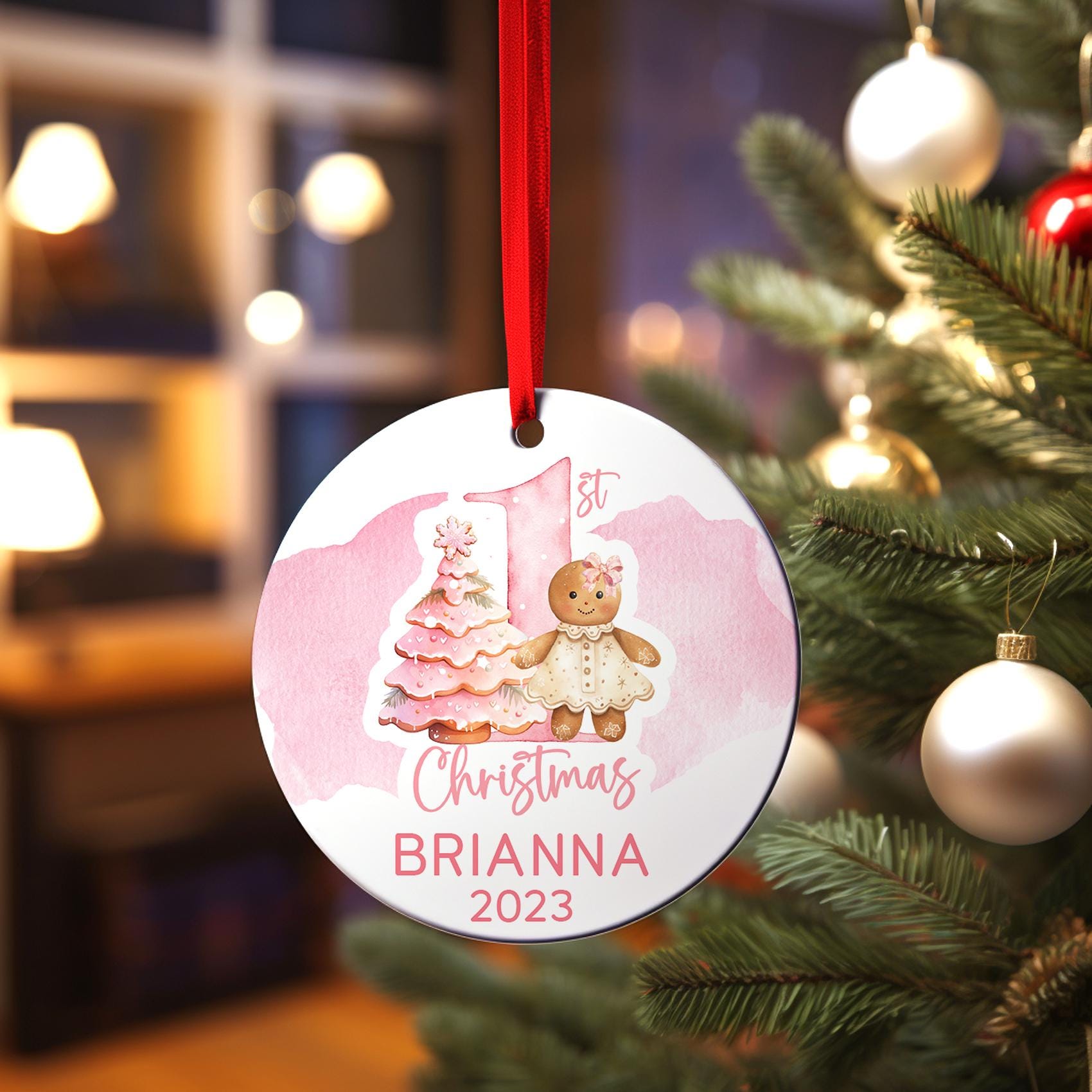 Baby's First Christmas Ornament, Gingerbread Pink Tree 1st Baby Gift