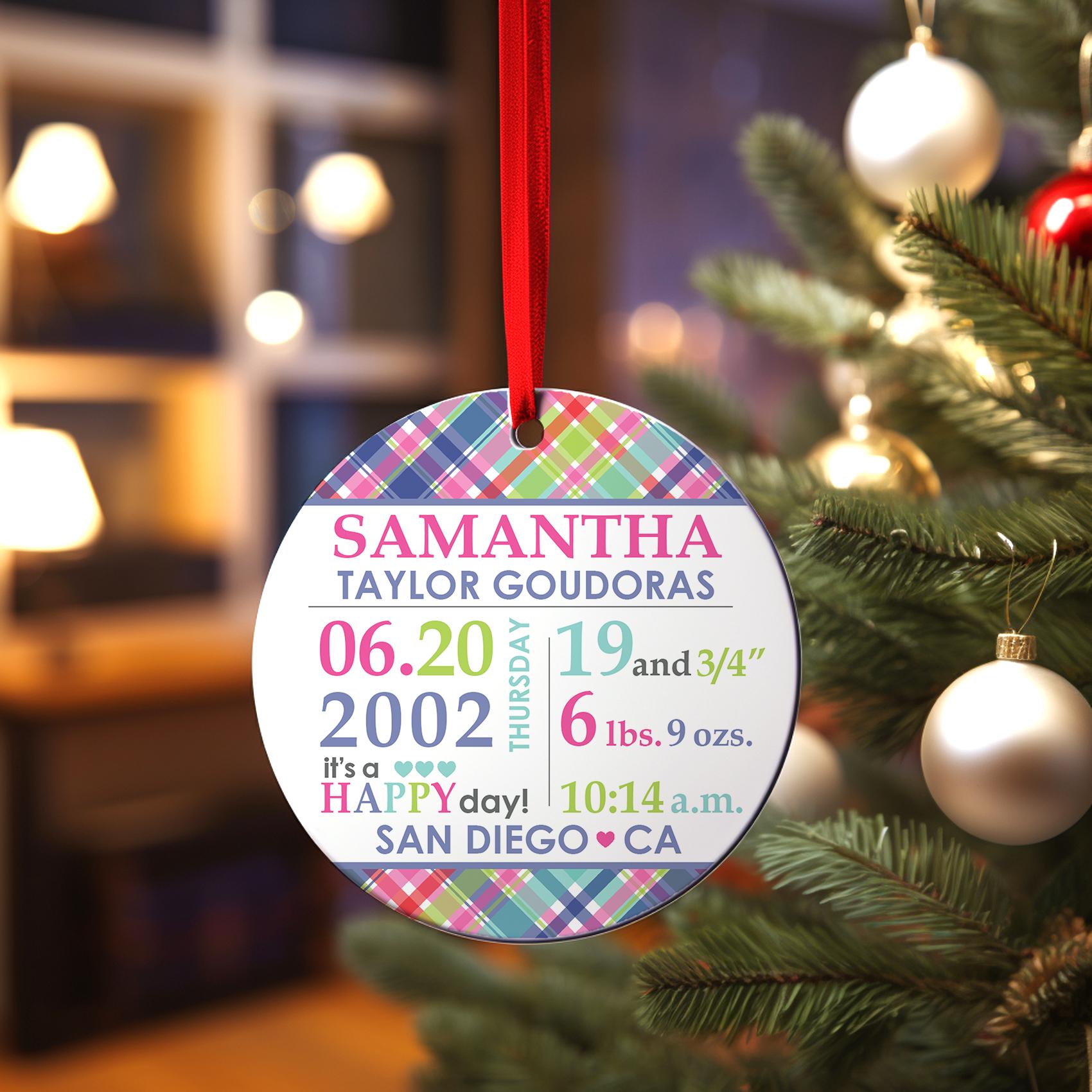 Newborn Baby Girl Ornament, Personalized Photo Birth Stat Keepsake
