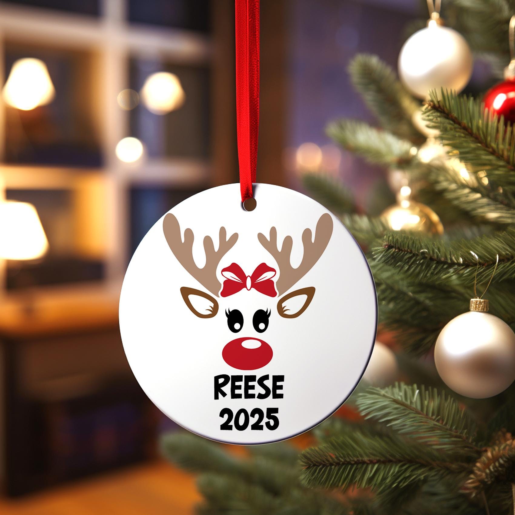 Reindeer Girl Christmas Ornament, Personalized Reindeer Face Keepsake