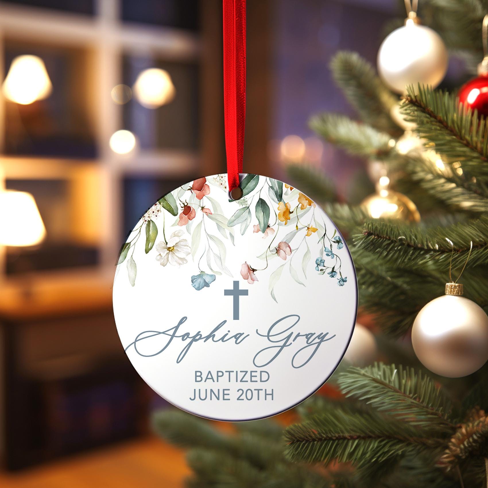 Cross Ceramic Ornament, Personalized Baptism Gift for Girl, Custom Christening Floral Gift