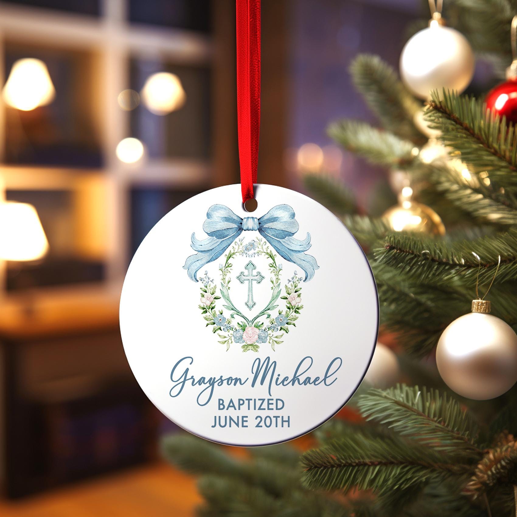 Blue Cross Crest Ornament, Personalized Baptism for Boy, Communion Gift