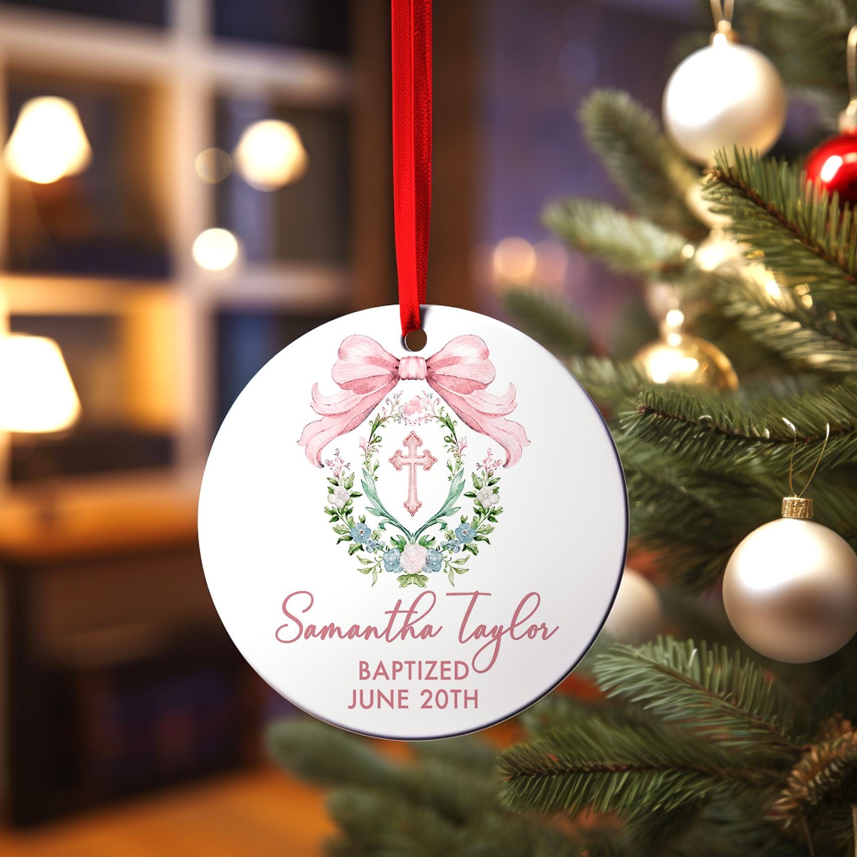 Pink Cross Crest Ornament, Personalized Baptism for Girl, Communion Gift