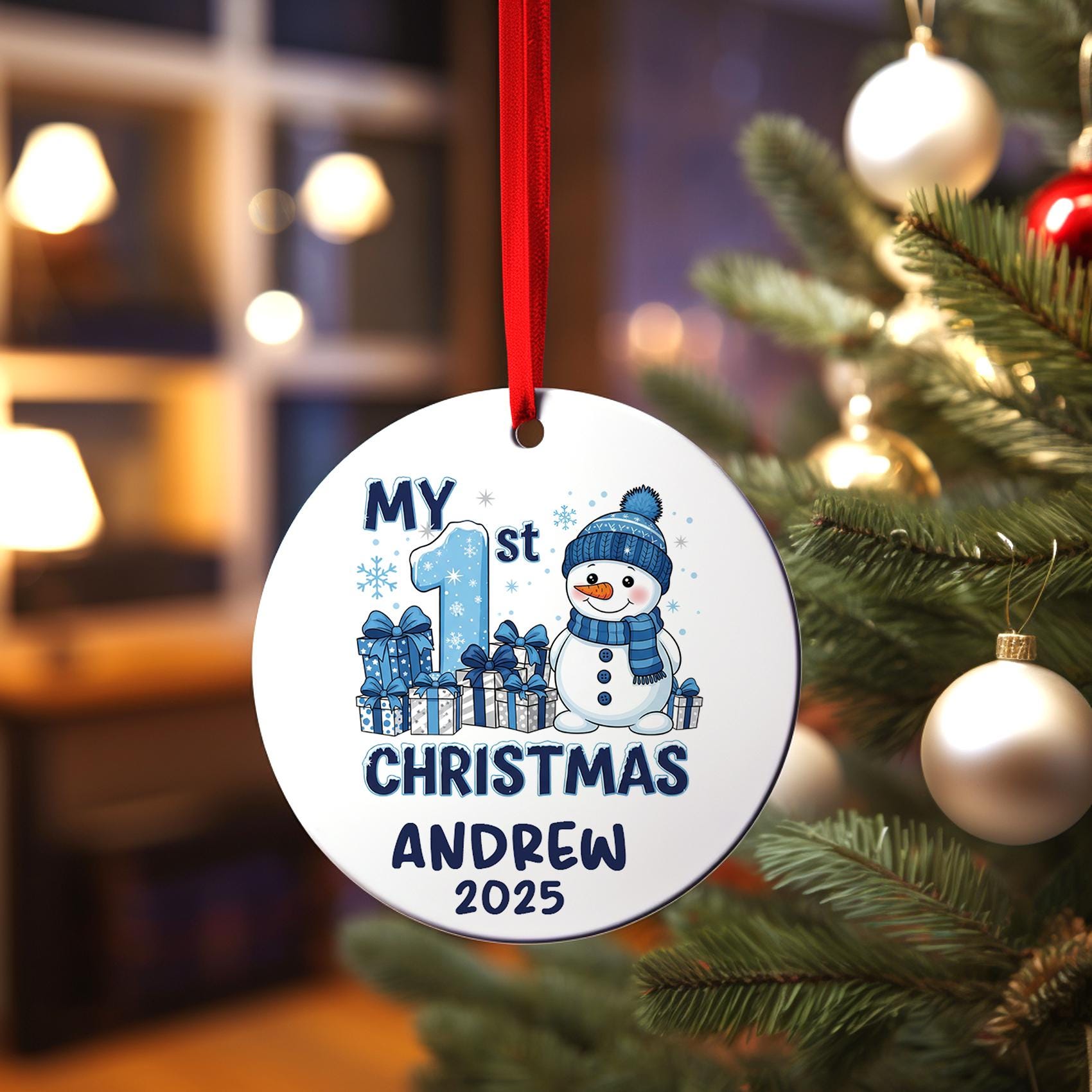Baby's First Christmas Ornament, Personalized Baby Boy Snowman First Christmas