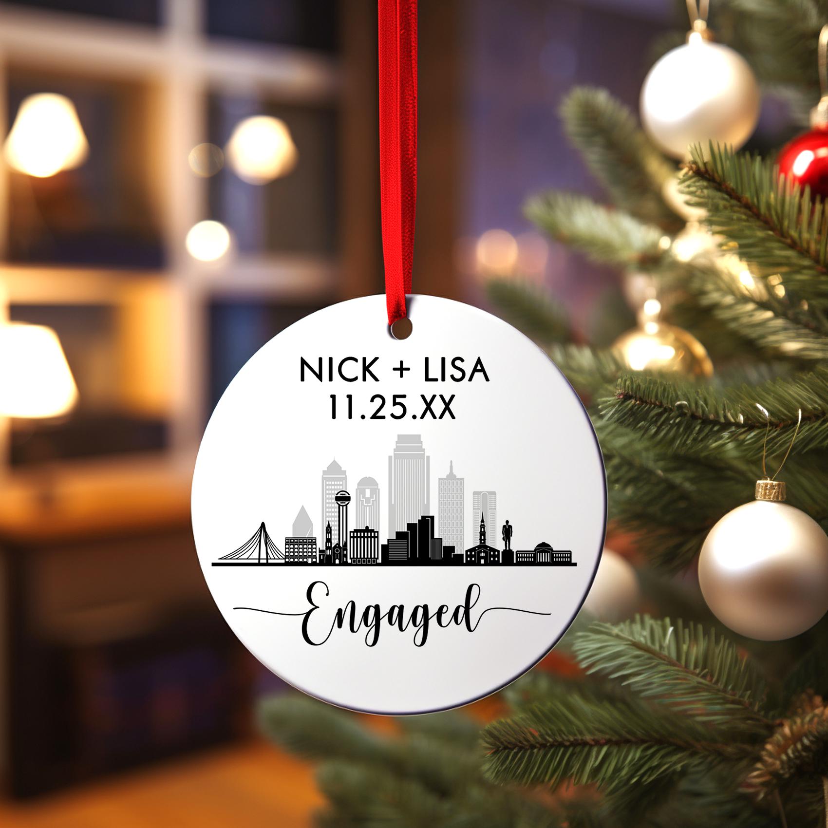 Engaged Dallas Skyline Christmas Ornament, Personalized Our First Christmas Engagement