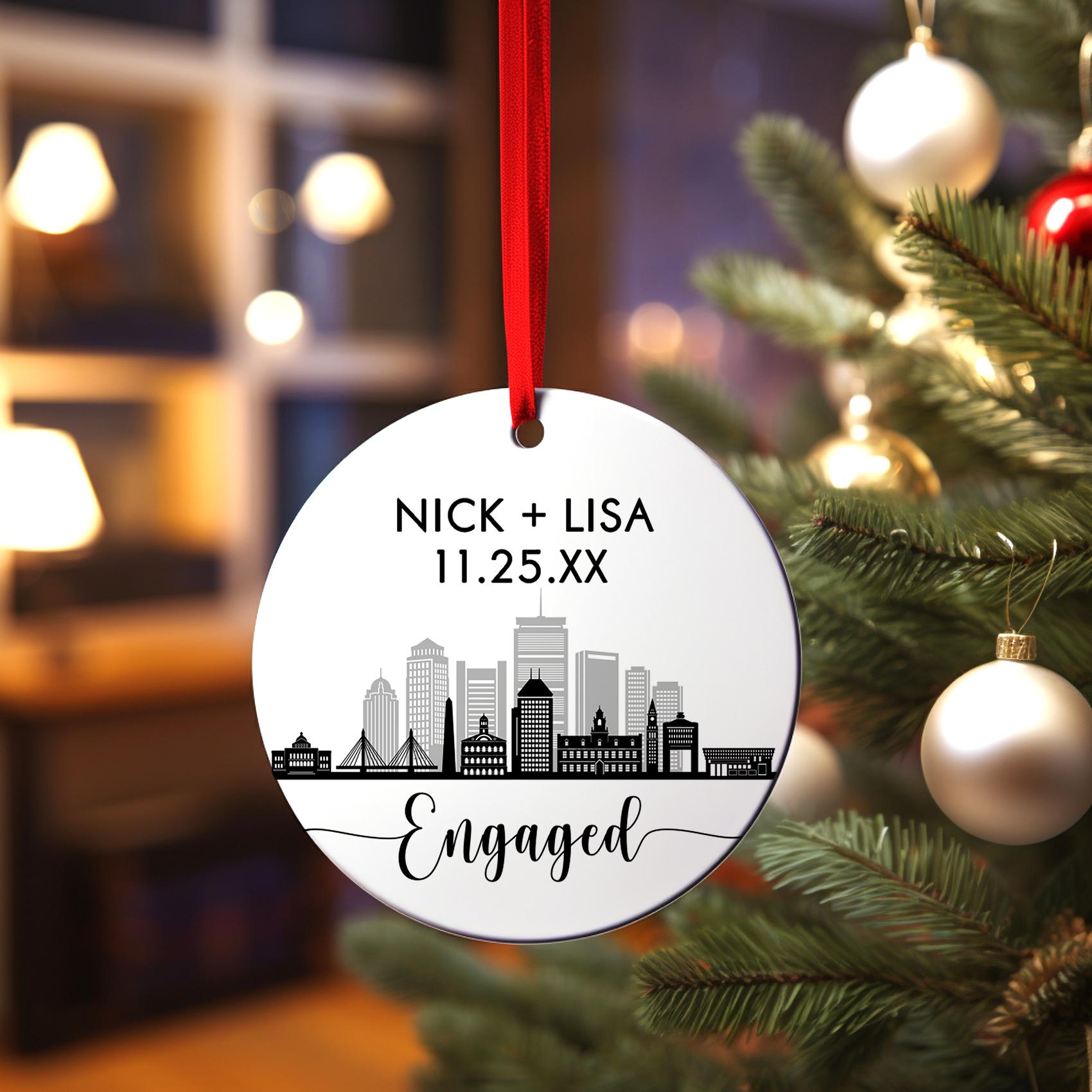 Engaged Boston Skyline Christmas Ornament, Personalized Our First Christmas Married