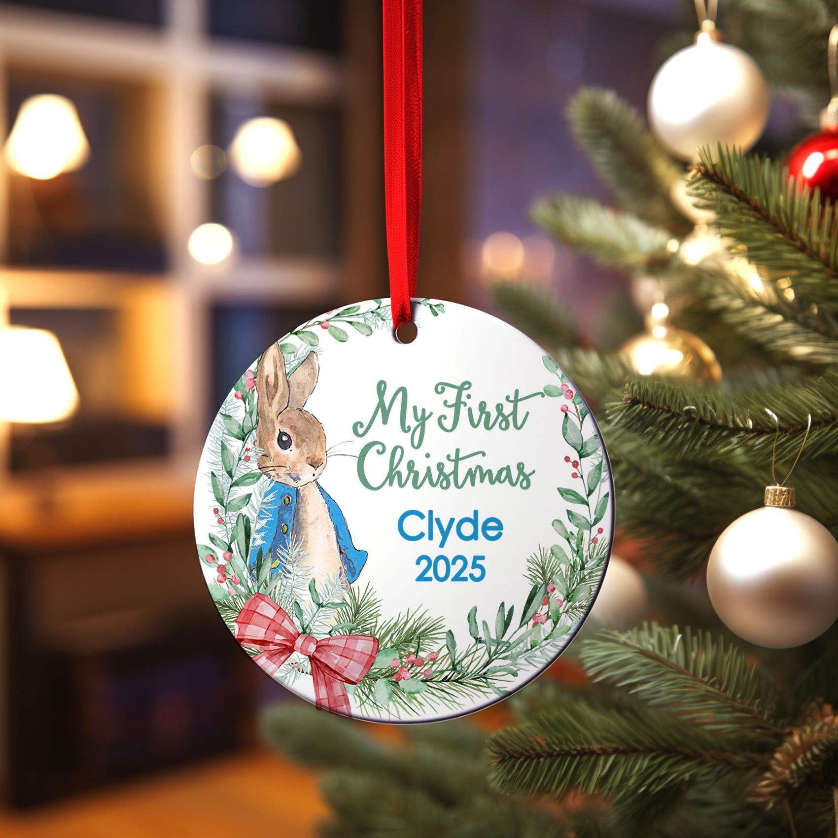 Personalized First Christmas Rabbit | Baby's 1st Christmas Ornament| Baby First Christmas | Personalized Baby Christmas Ornament