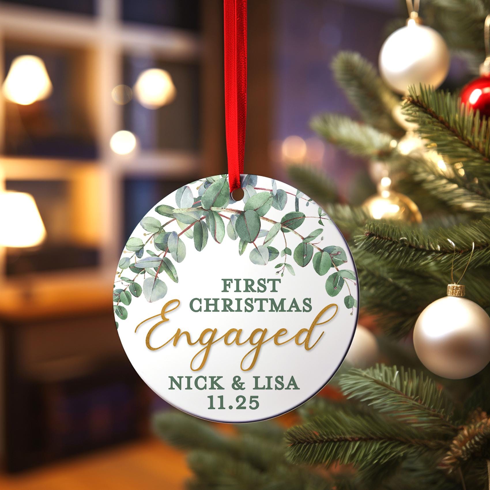 Engaged Christmas Ornament, Personalized Our First Christmas Engagement, Greenery Keepsake