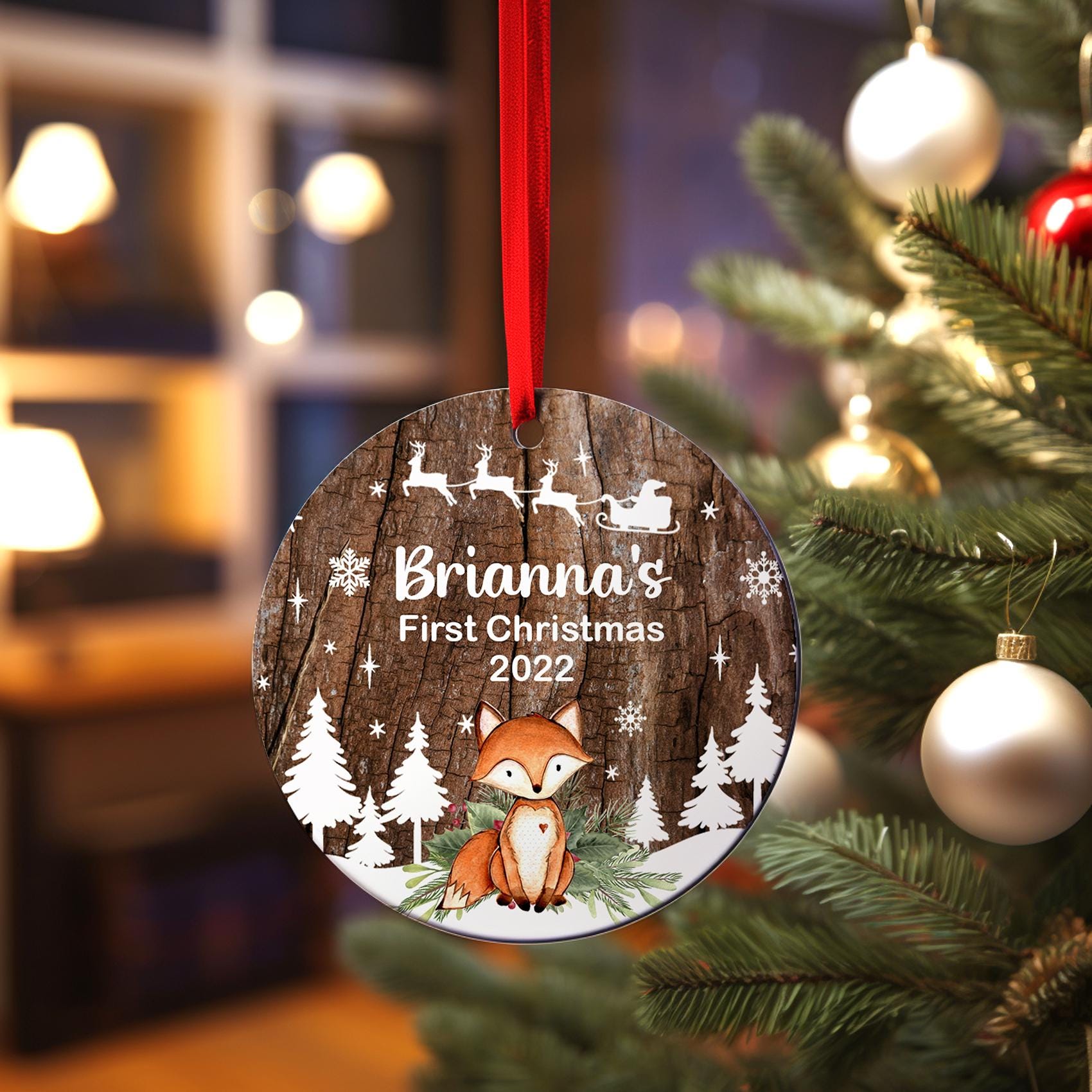 First Christmas Woodland Fox Ornament, Personalized Baby's First Christmas Ornament