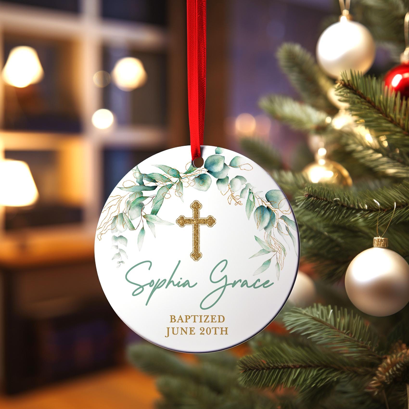 Baptism Cross Ornament, Personalized Green Gold Communion gift