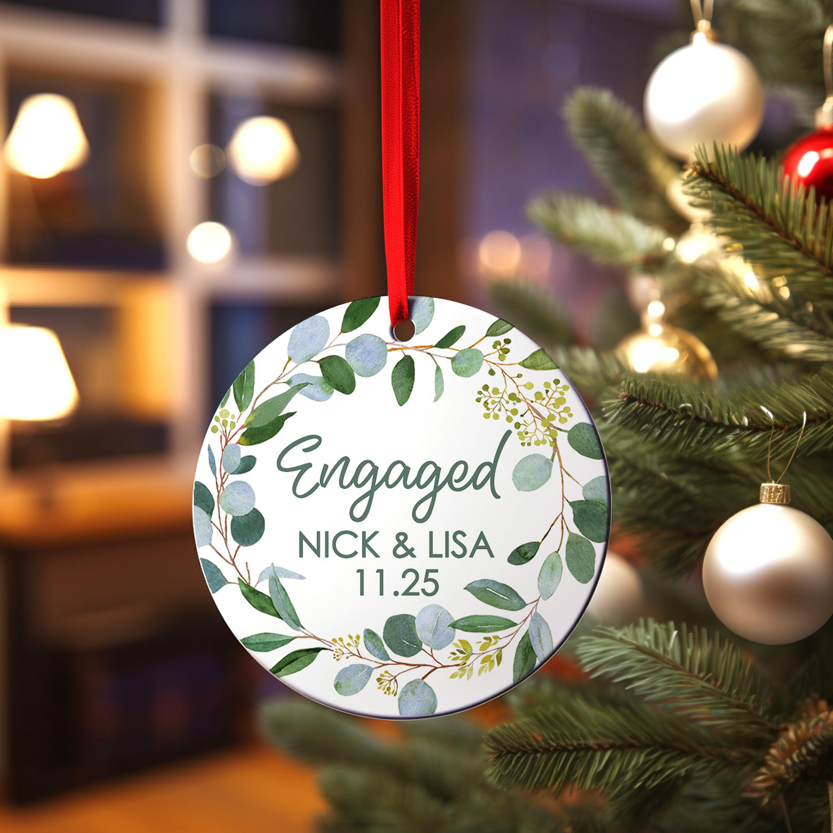 Engaged Christmas Ornament, Our First Engagement Announcement, Eucalyptus & Gold