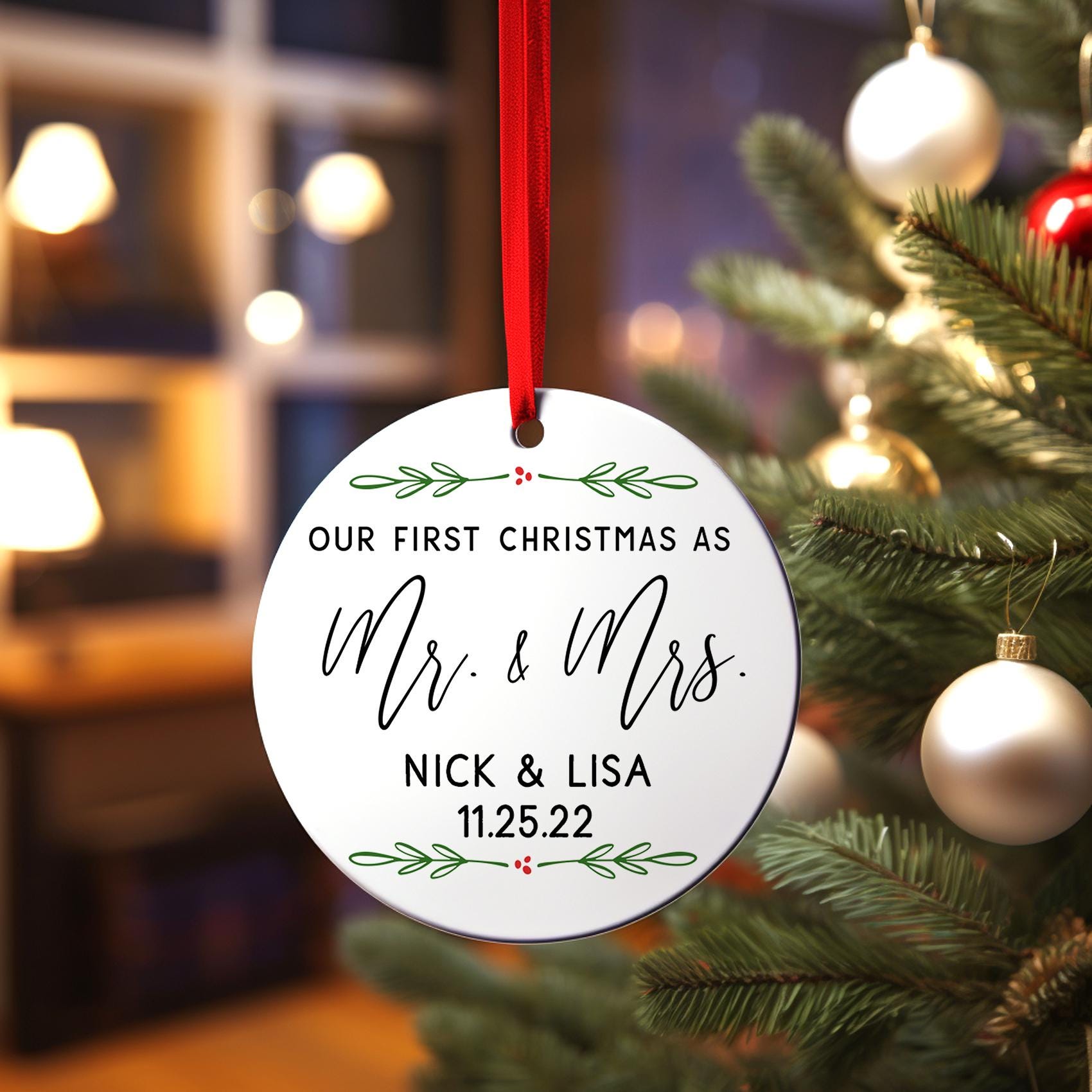 First Christmas Married Ornament - Mr and Mrs, Personalized Our First Christmas
