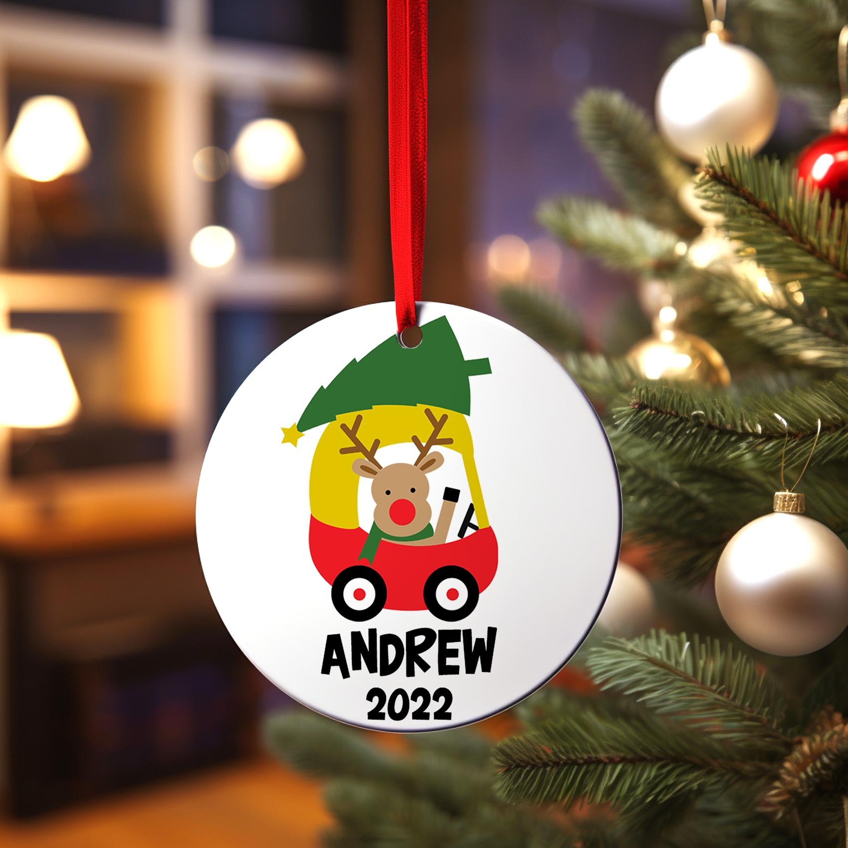 Baby's First Christmas Ornament, Personalized Red Truck and Reindeer Keepsake