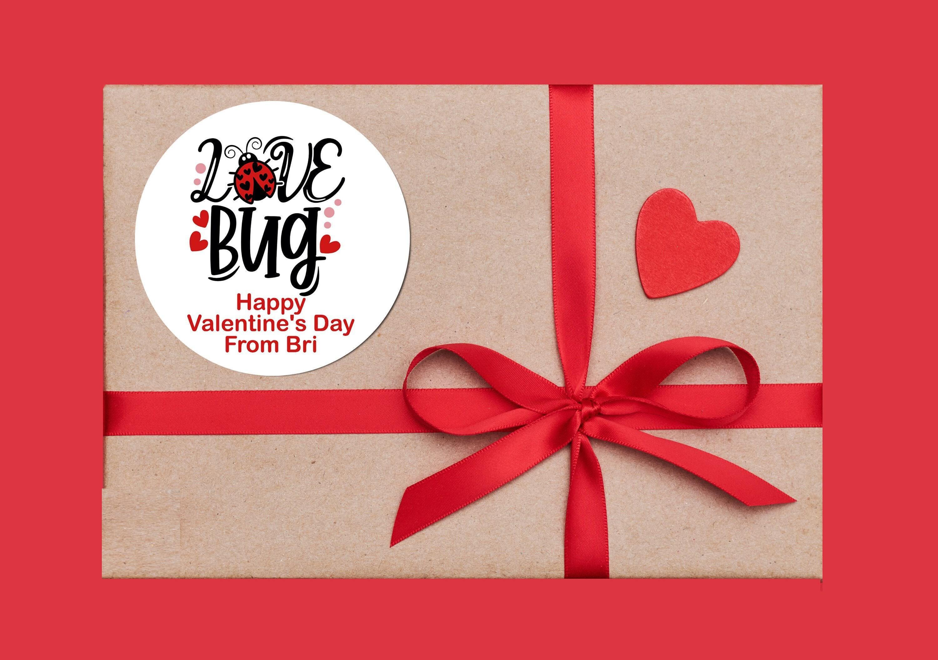 Love Bug Valentines Day Stickers - Personalized Valentine Round Sticker Labels - Classroom Valentines for School