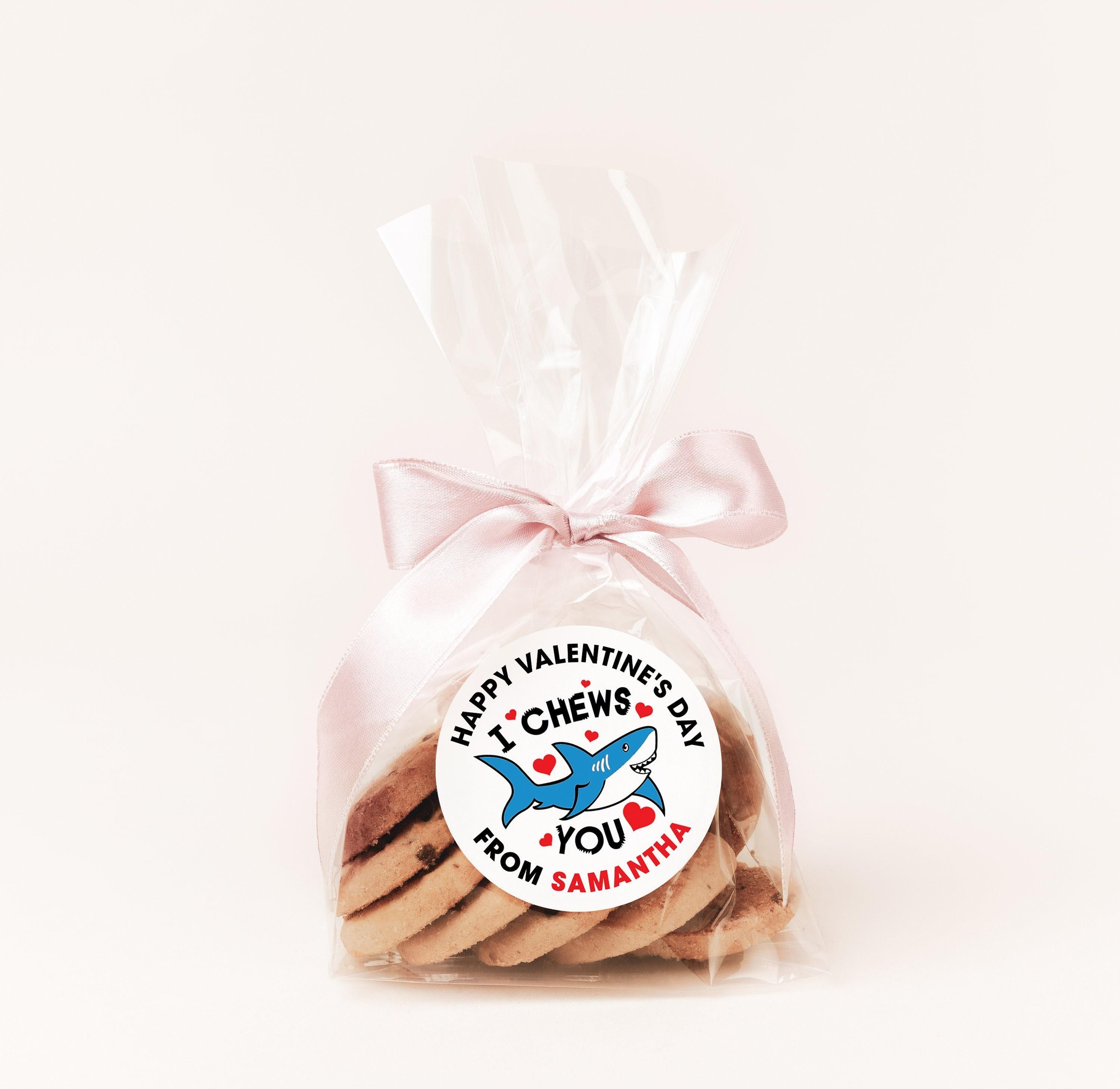 I Chew You Shark Valentines Day Stickers - Personalized Valentine Round Sticker Labels - Classroom Valentines for School
