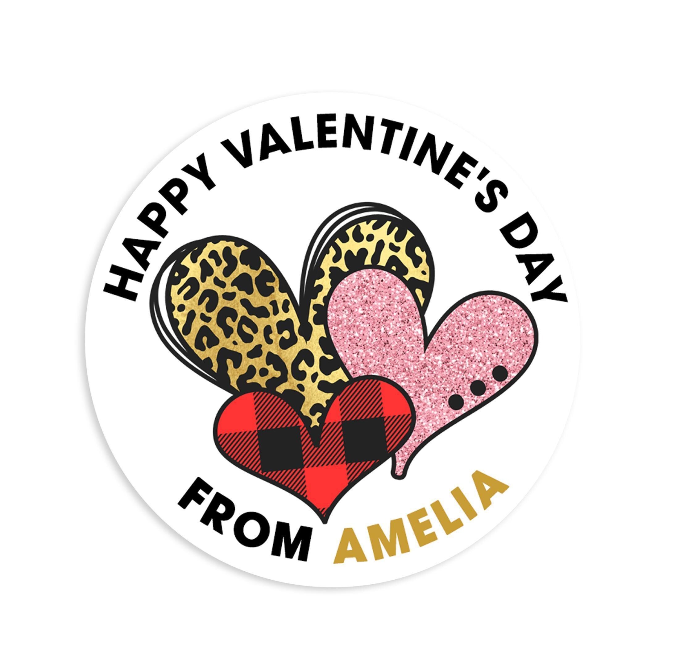 Plaid Hearts Valentine's Day Stickers - Personalized Valentine Round Sticker Labels - Classroom Valentines for School
