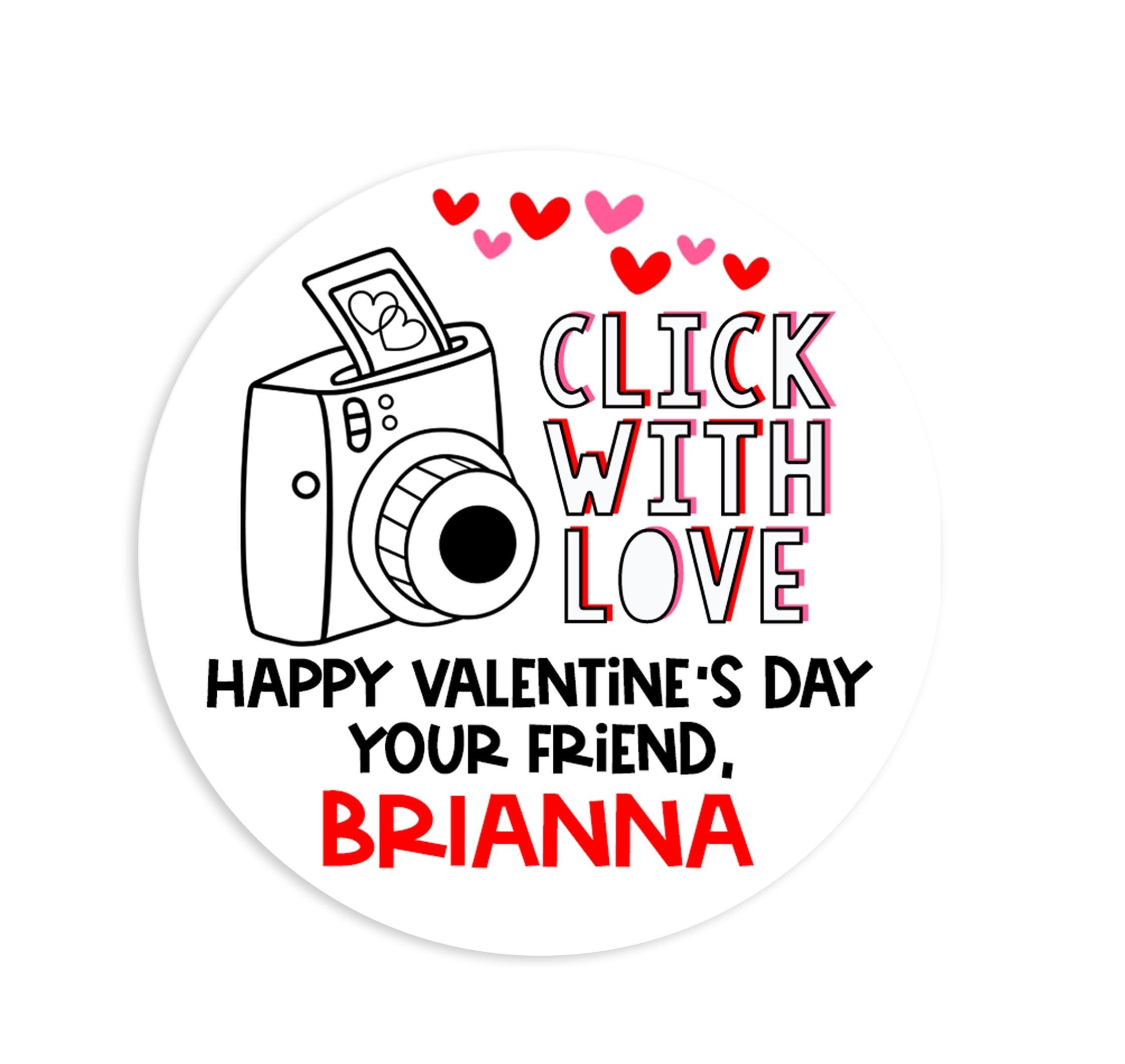 Click With Love Camera Valentines Day Stickers - Personalized  Valentine Round Sticker Labels - Classroom Valentines for School