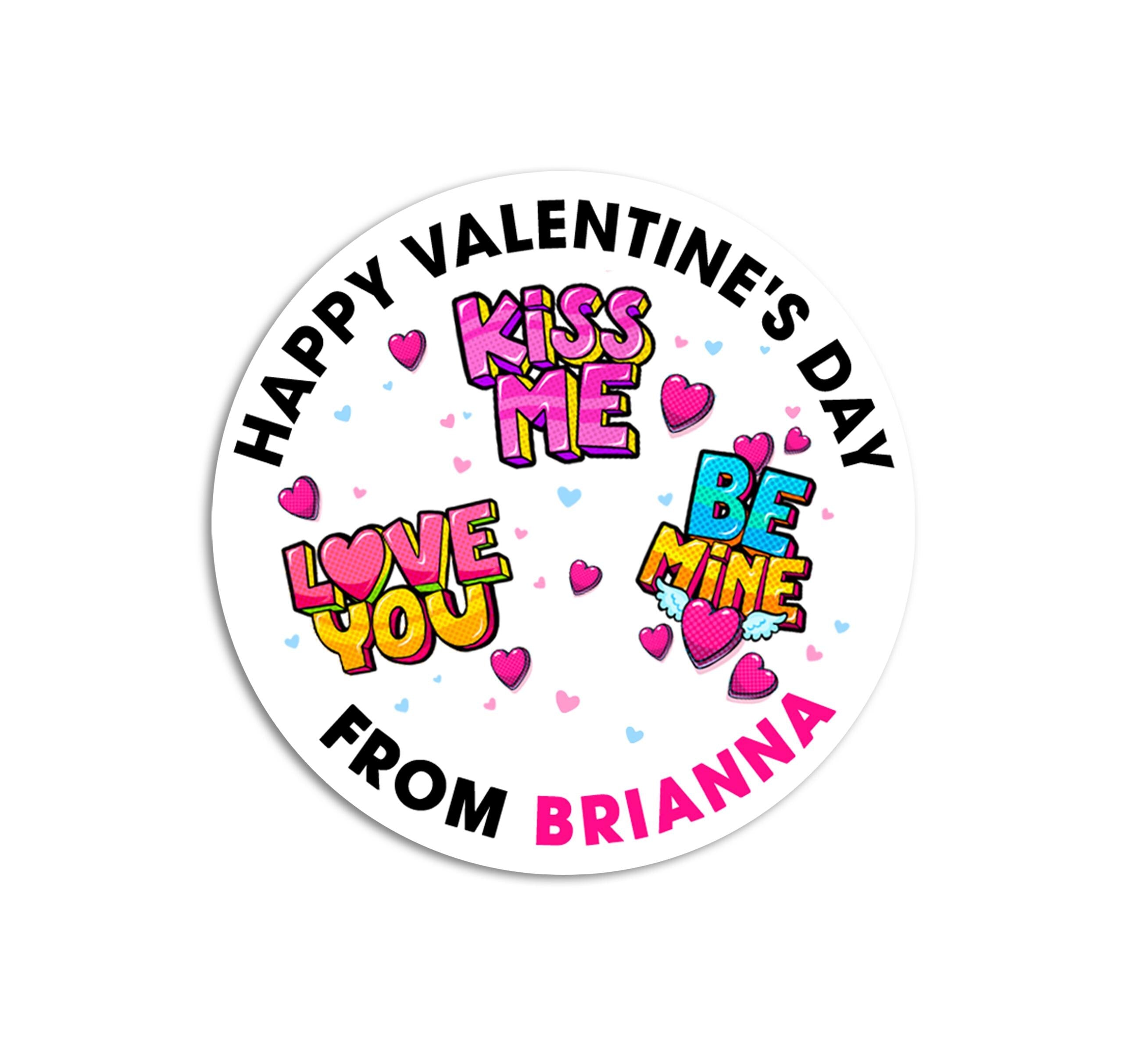 Valentines Day Kiss Me Be Mine Stickers, Personalized Valentine Round Labels, Classroom Valentines for School, Valentine Treat Bags