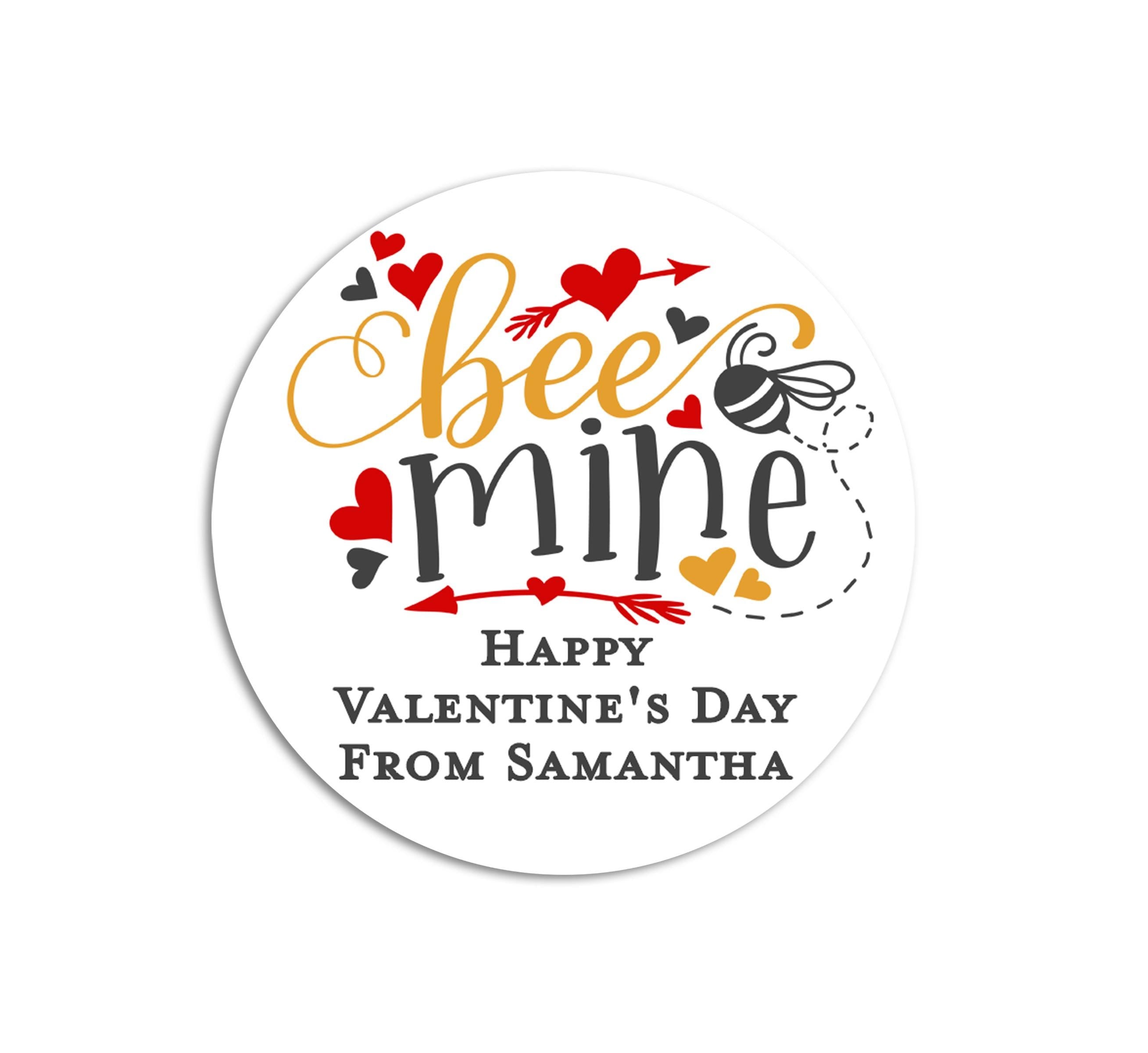 Bee Mine Valentine's Day Stickers - Personalized Valentine Round Sticker Labels - Classroom Valentines for School