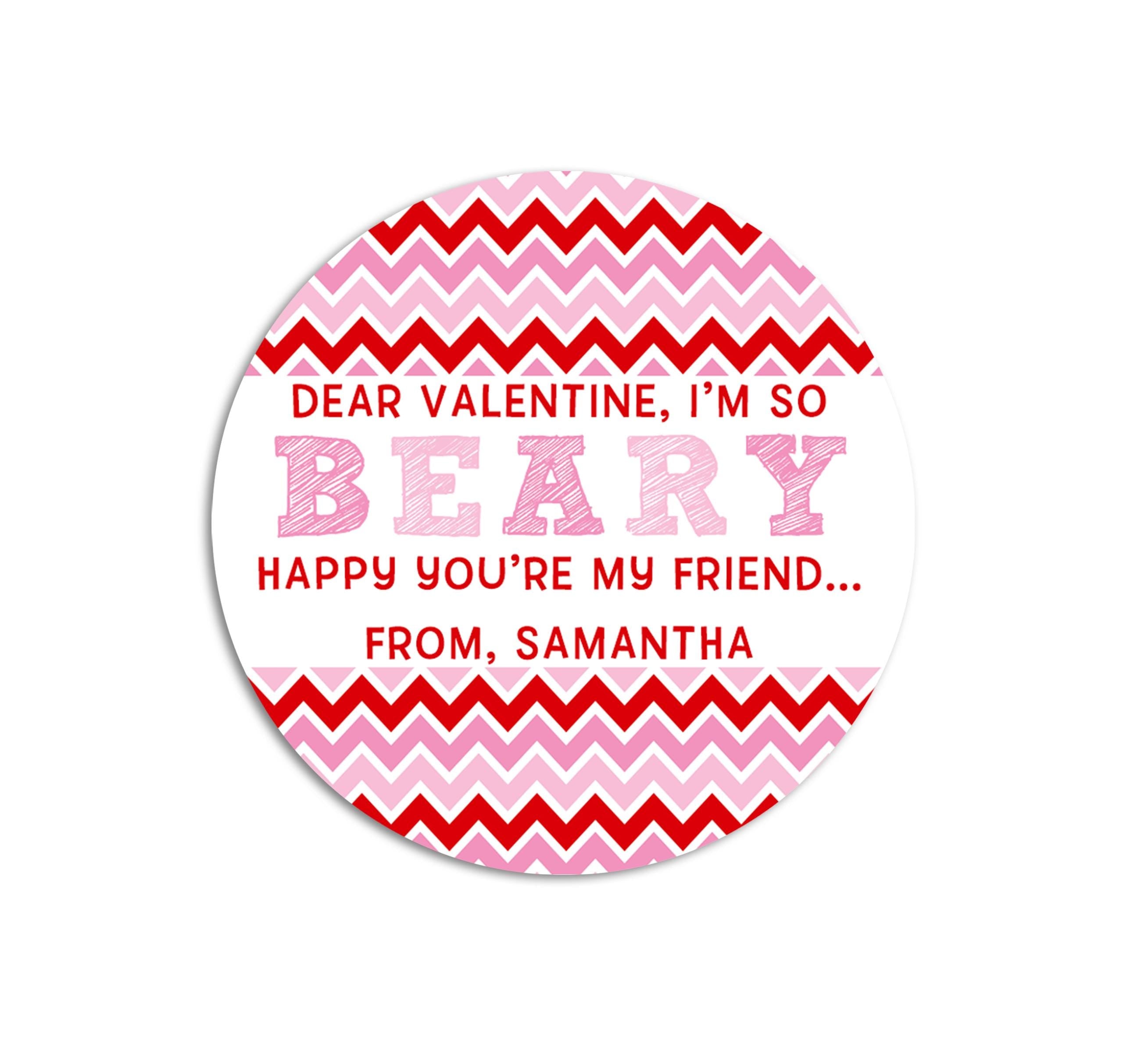 Valentine I'm BEARY Happy You're My Friend Valentine's Day Stickers - Personalized Valentine Sticker Labels, Classroom Valentines for School