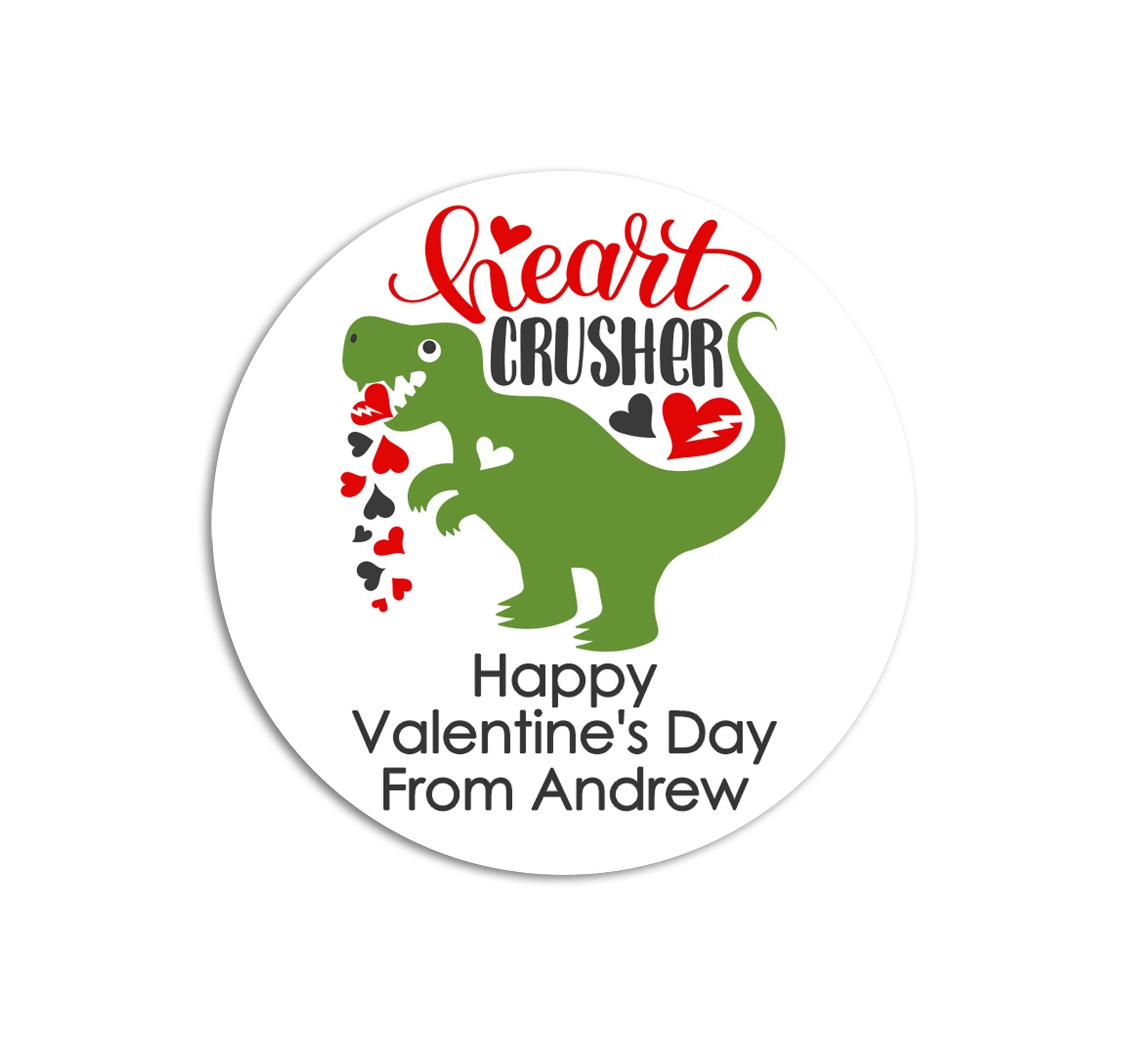 Heart Crusher Dinosaur Valentine's Day Stickers - Personalized Valentine Round Sticker Labels - Classroom Valentines for School