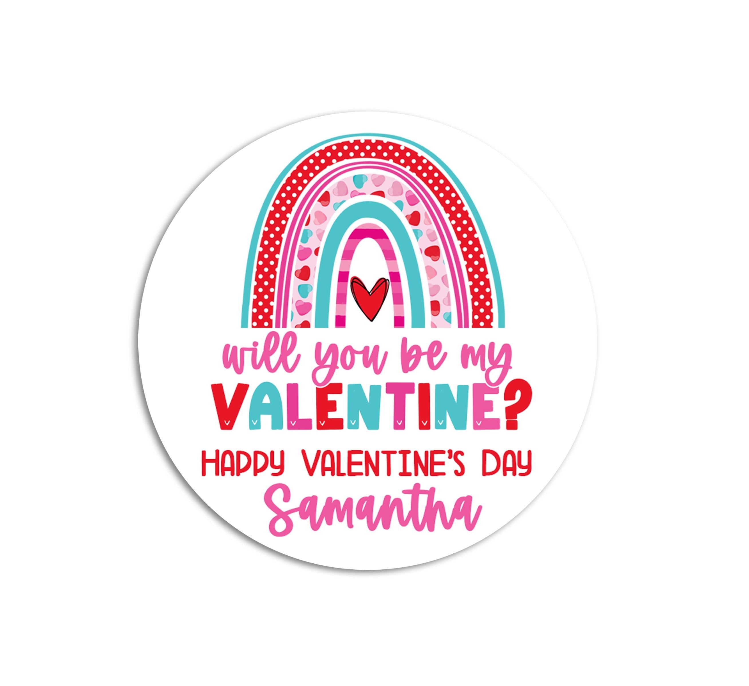 Rainbow Valentines Day Stickers - Personalized Will you be my Valentine Round Sticker Labels - Classroom Valentines for School