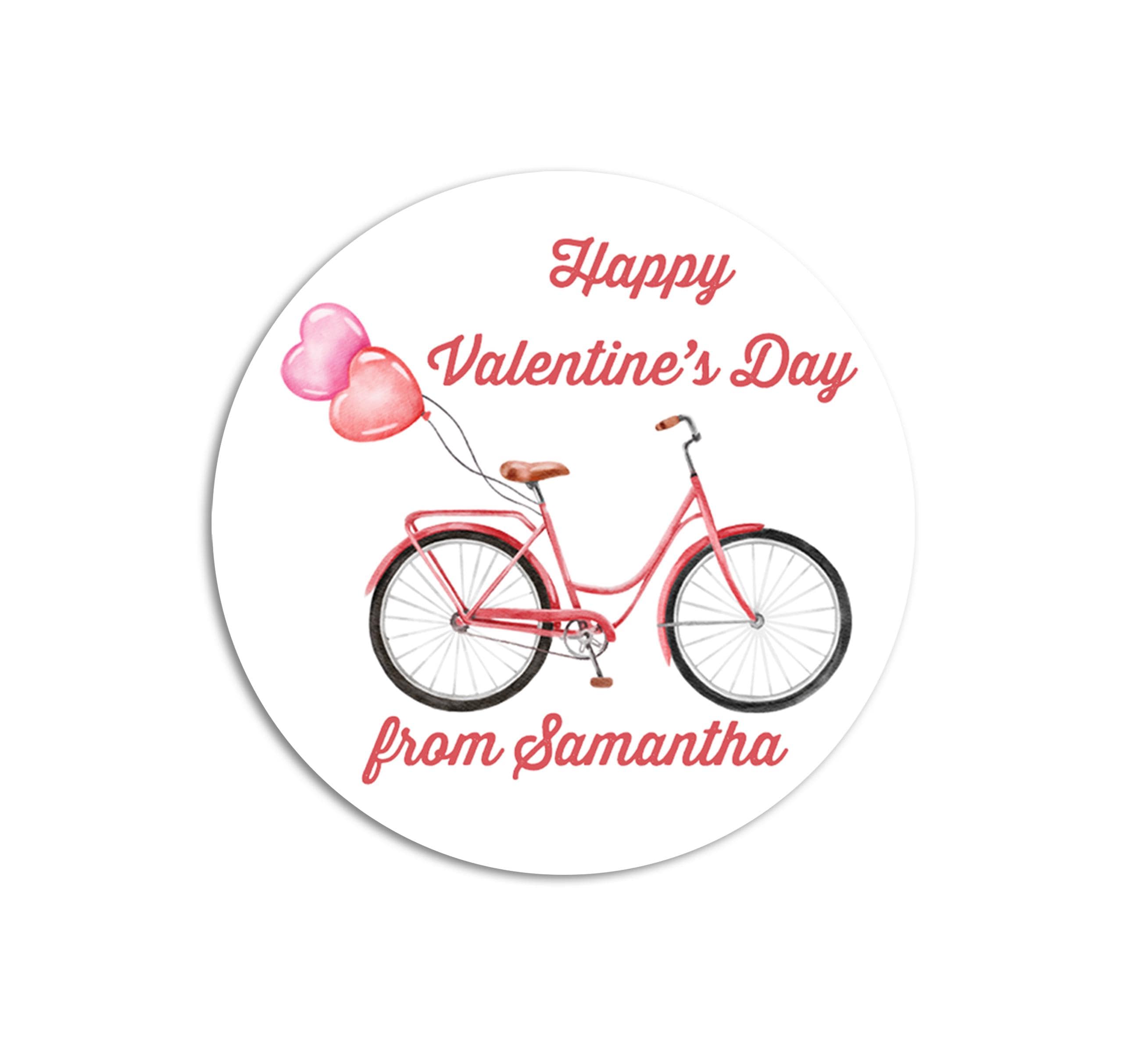 Watercolor Bicycle With Balloons Valentines Day Stickers - Personalized Valentine Round Sticker Labels - Classroom Valentines for School