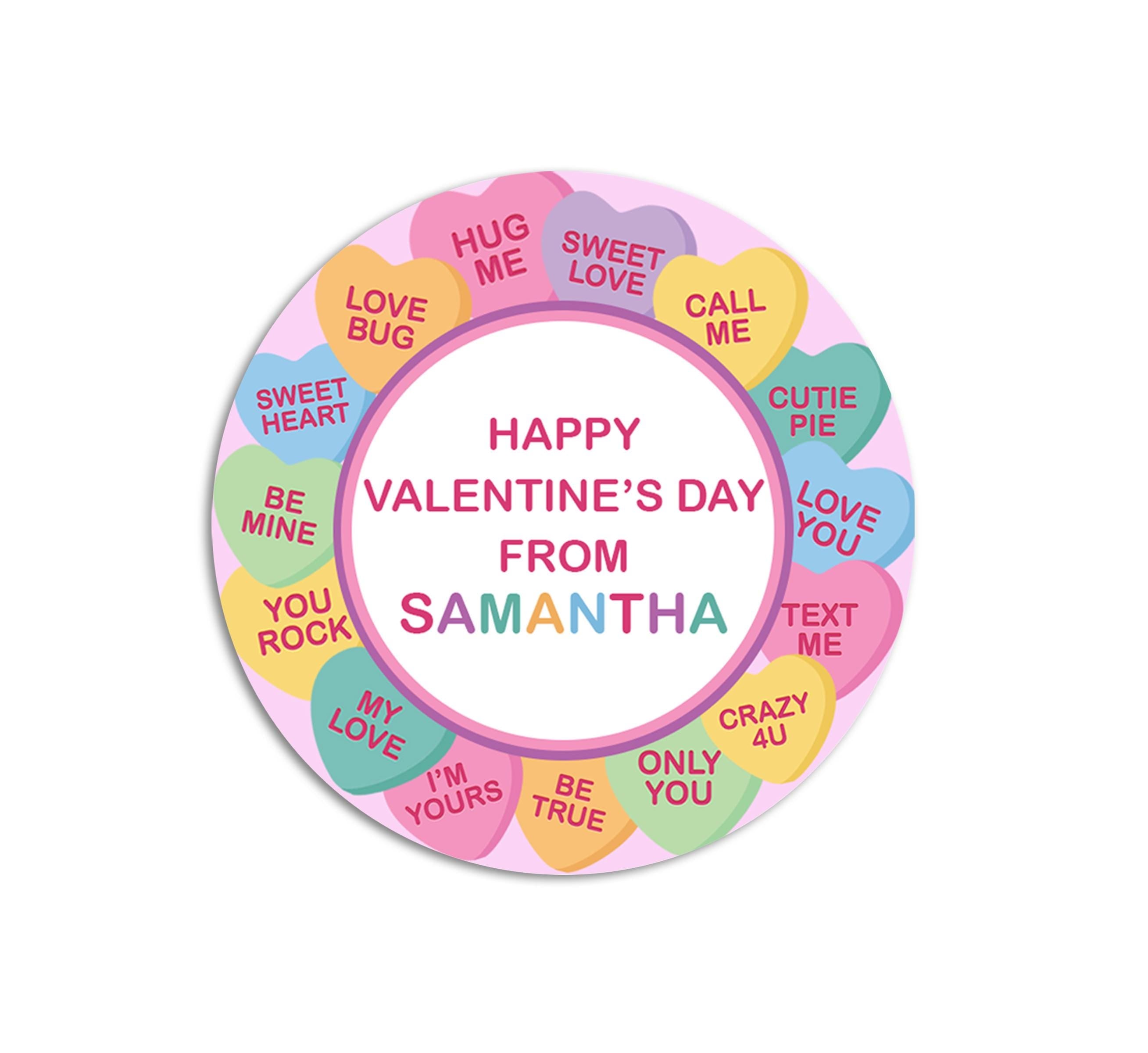 Candy Hearts Valentines Day Stickers - Personalized Valentine Round Sticker Labels - Classroom Valentines for School