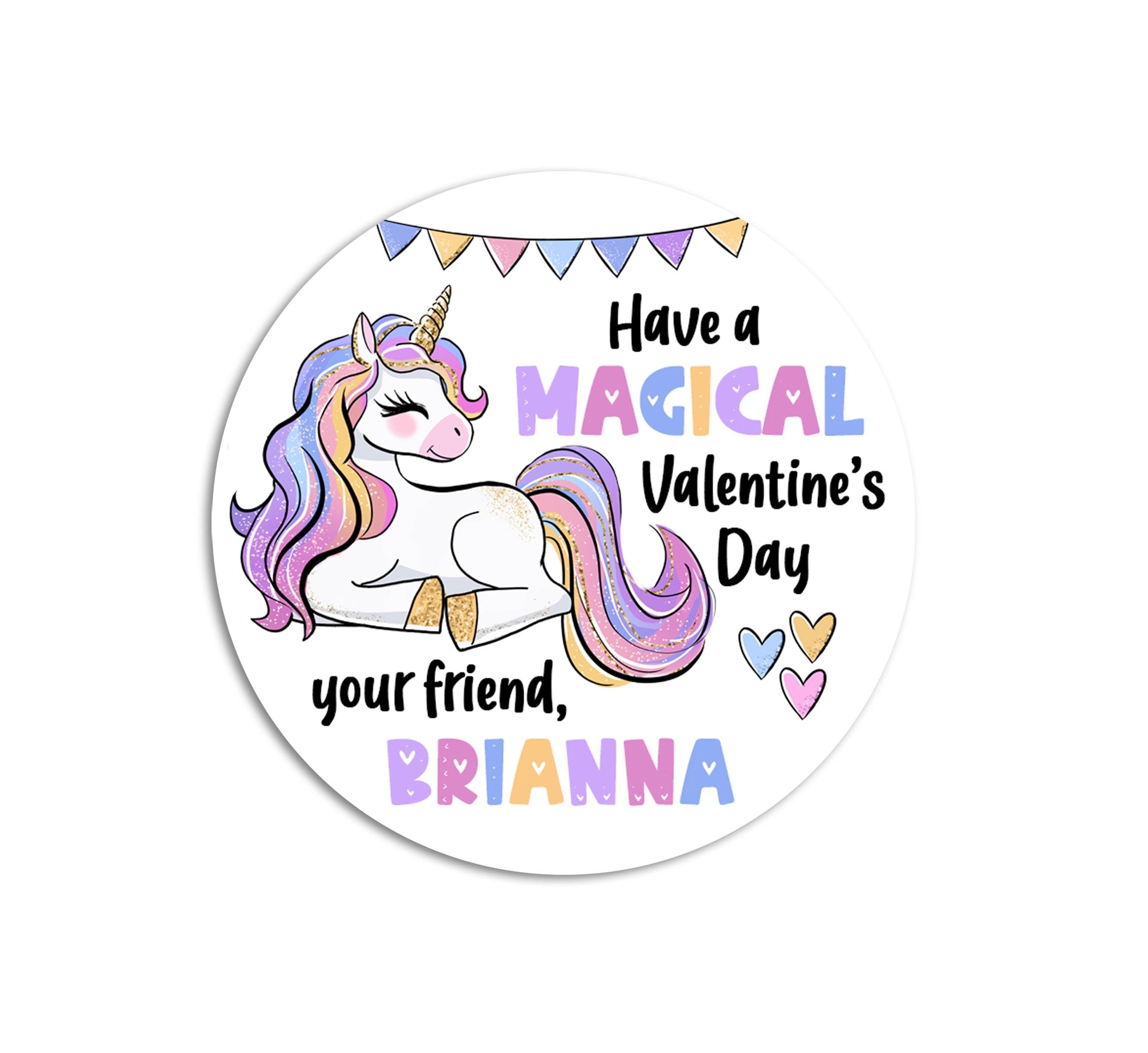 Magical Unicorn Valentines Day Stickers - Personalized Unicorn Valentine Round Sticker Labels - Classroom Valentines for School