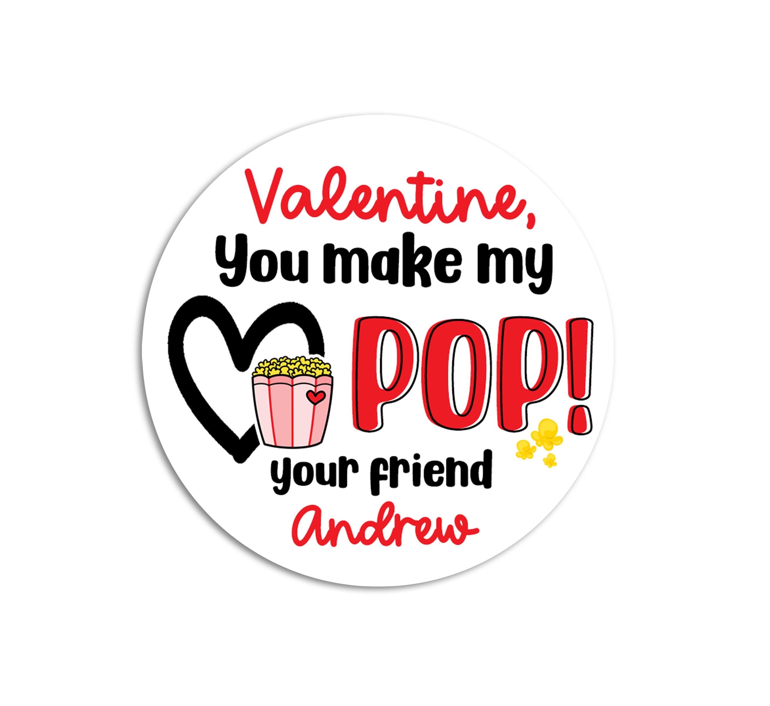 You Make My Heart Pop Valentines Day Stickers - Personalized Popcorn Red Valentine Round Sticker Labels - Classroom Valentines for School