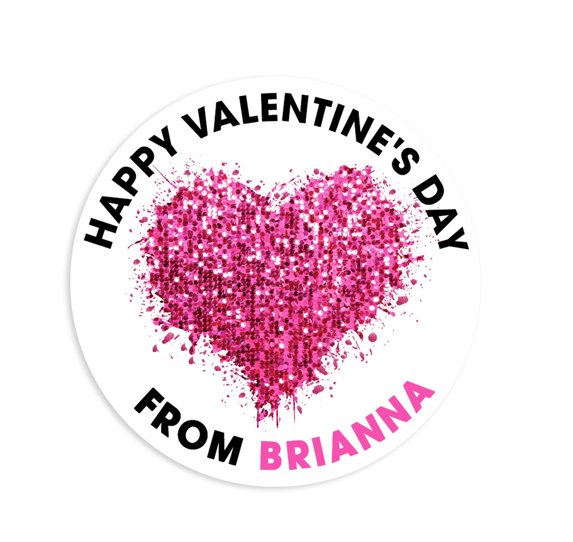 Pink Glitter Heart Valentines Day Stickers - Personalized  Pink Striped Valentine Round Sticker Labels - Classroom Valentines for School