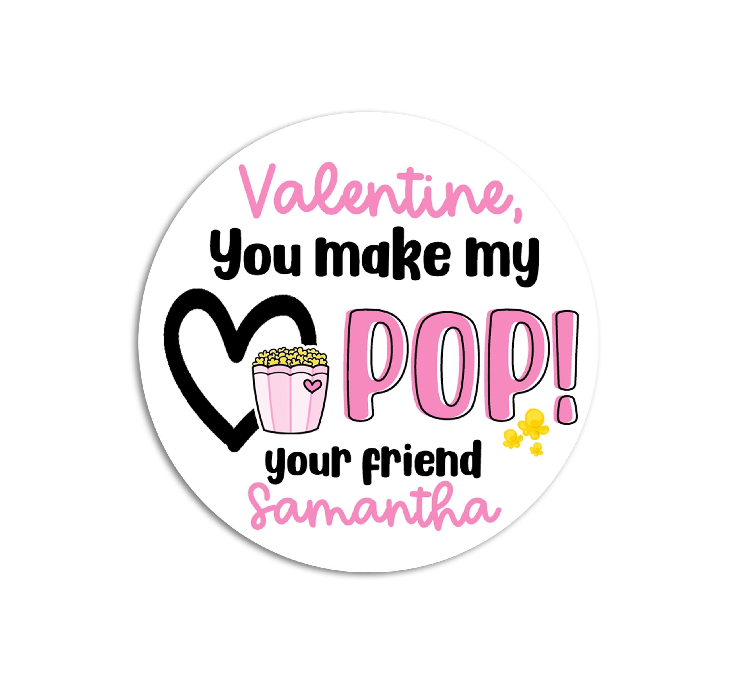 You Make My Heart Pop Valentines Day Stickers - Personalized Popcorn Pink Valentine Round Sticker Labels - Classroom Valentines for School