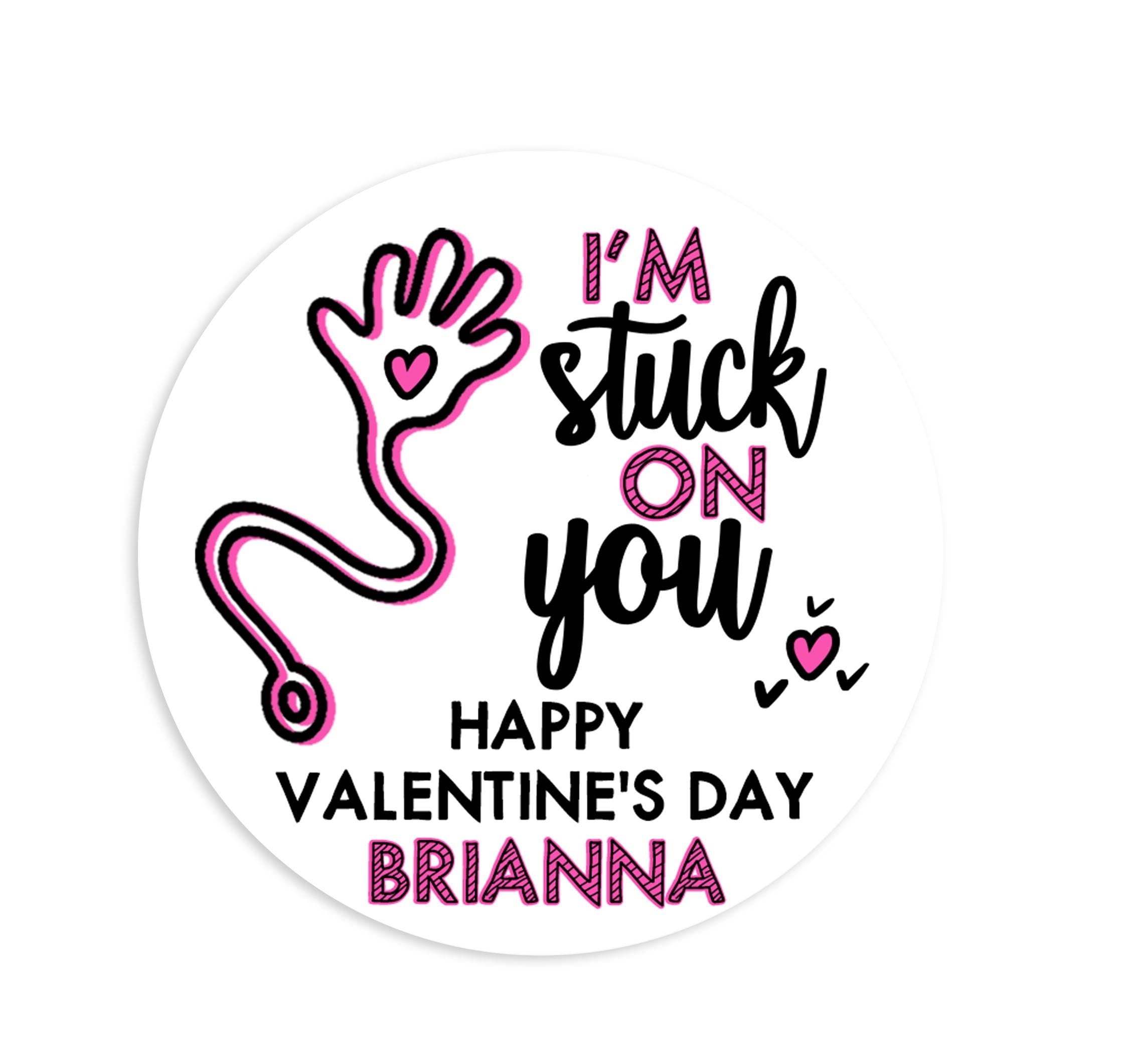 Sticky Hand High Five Pink Valentines Day Stickers - Personalized Valentine Round Sticker Labels - Classroom Valentines for School