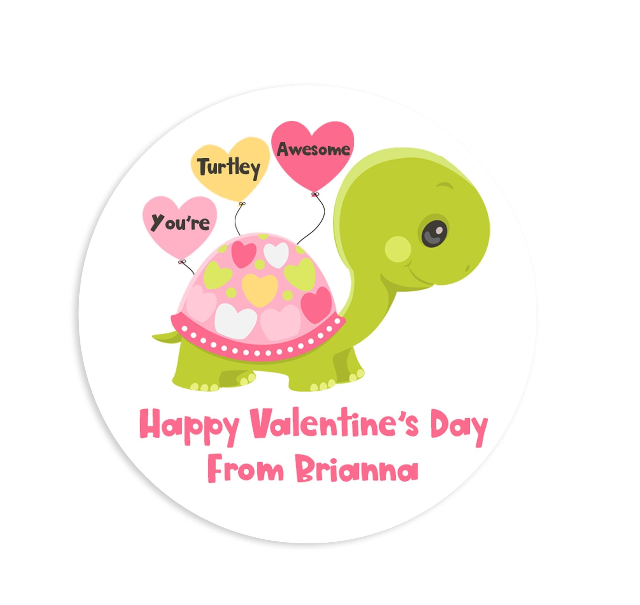 You're Turtley Awesome Pink Valentines Day Stickers - Personalized  Valentine Round Sticker Labels - Classroom Valentines for School