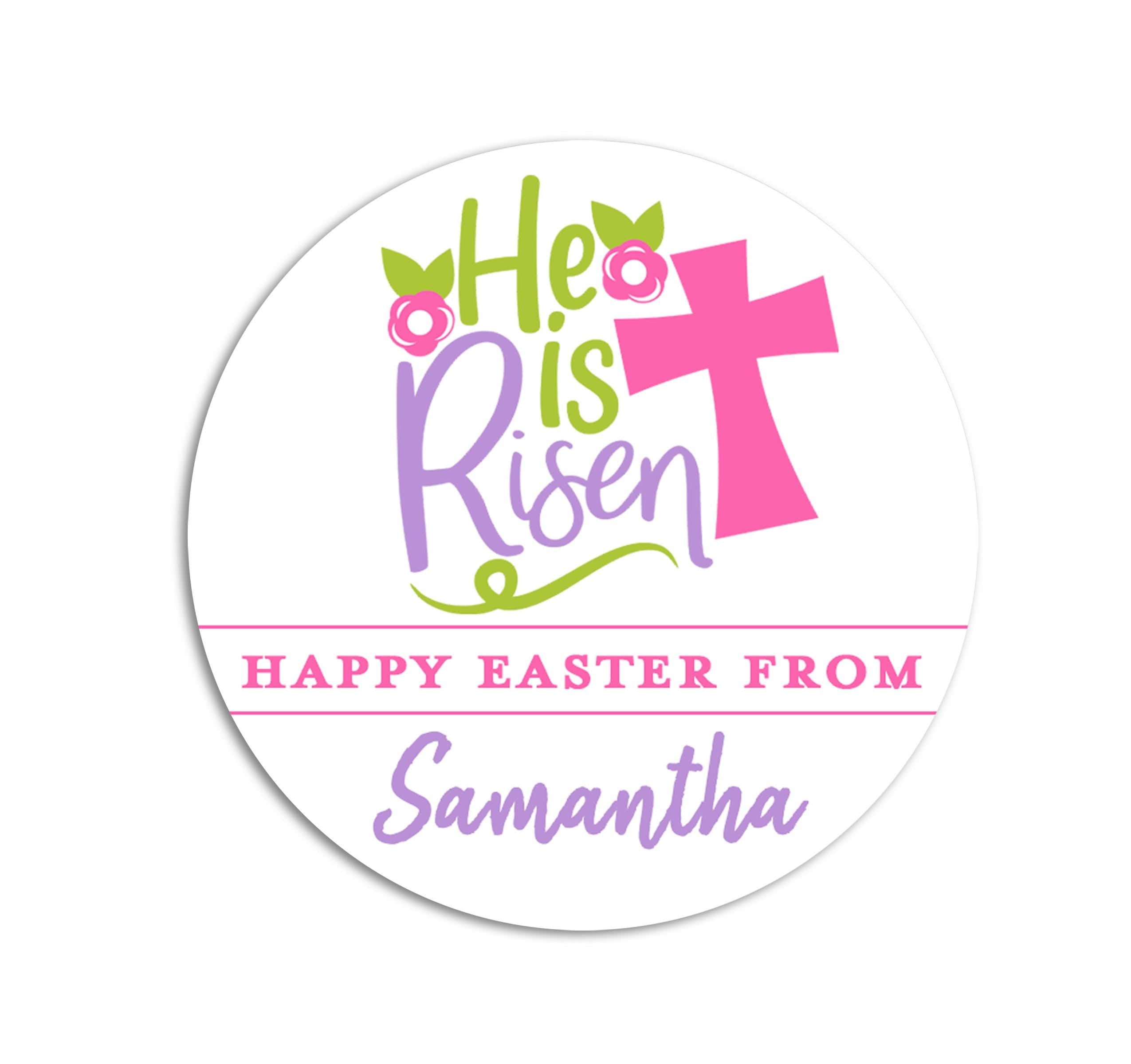 Easter Stickers, He Is Risen Pink, Personalized Easter Stickers, Kids Easter Treat Bags, Easter Labels for Favors, Easter Classroom
