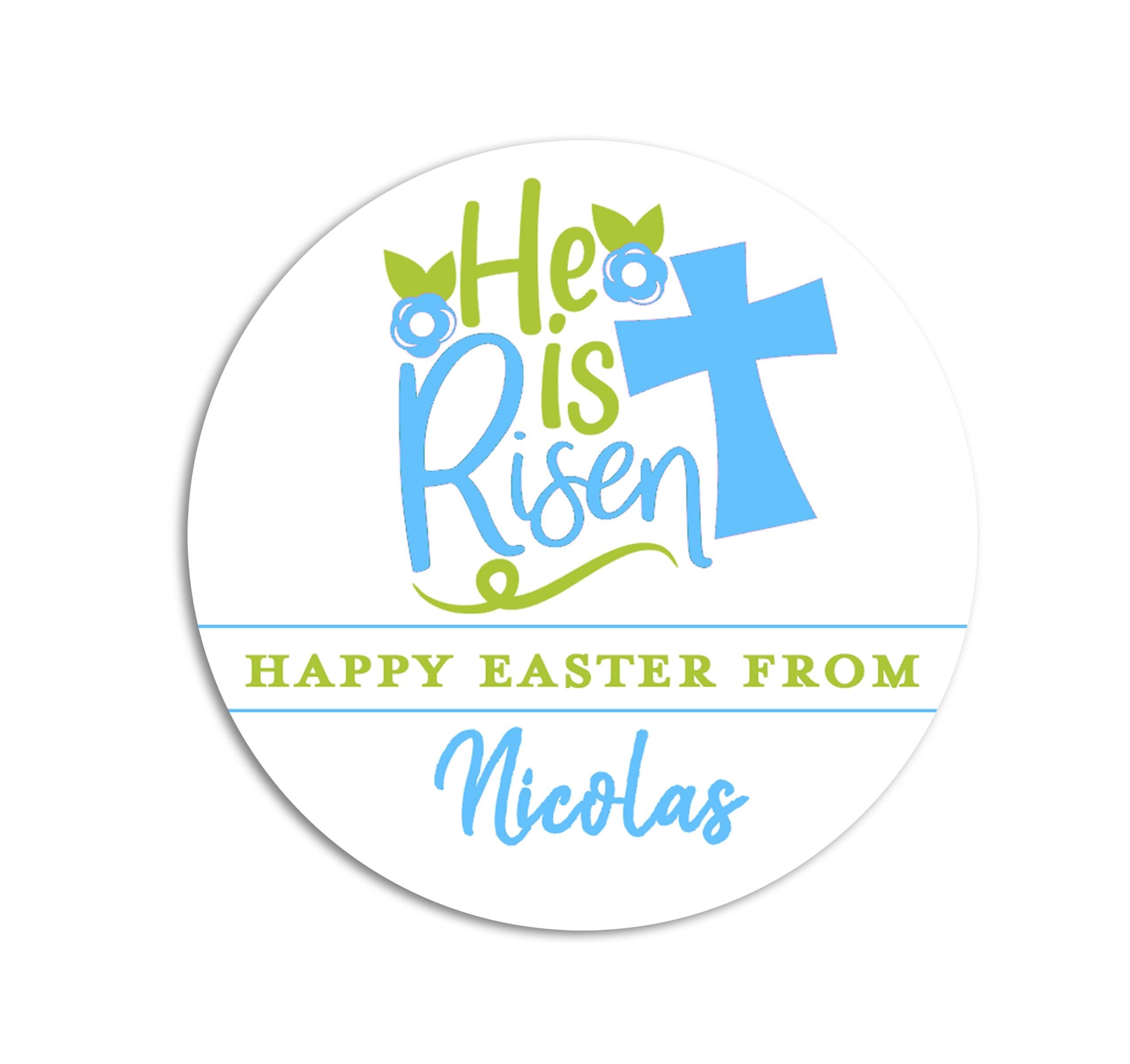 Easter Stickers, He Is Risen Blue, Personalized Easter Stickers, Kids Easter Treat Bags, Easter Labels for Favors, Easter Classroom